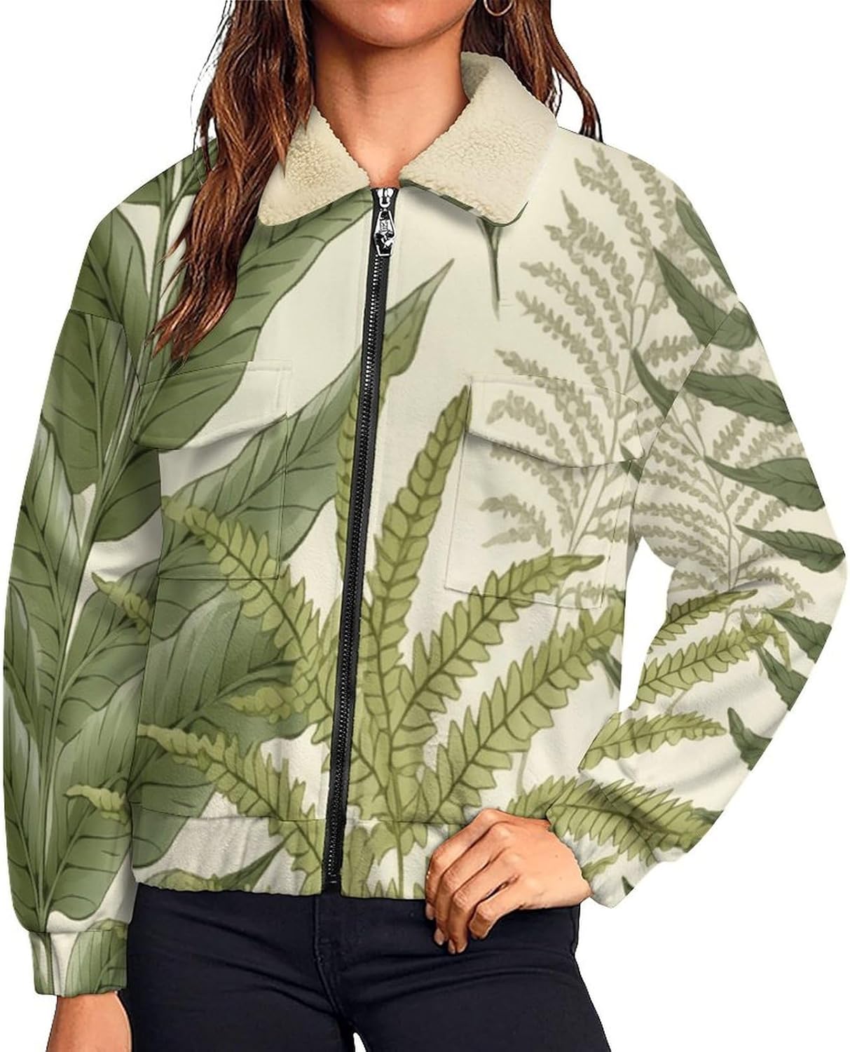 Women Winter Sherpa Lined Fleece Jacket, Long Sleeve Zip Up Ferns Cropped Coats Warm Soft Polar Outwear