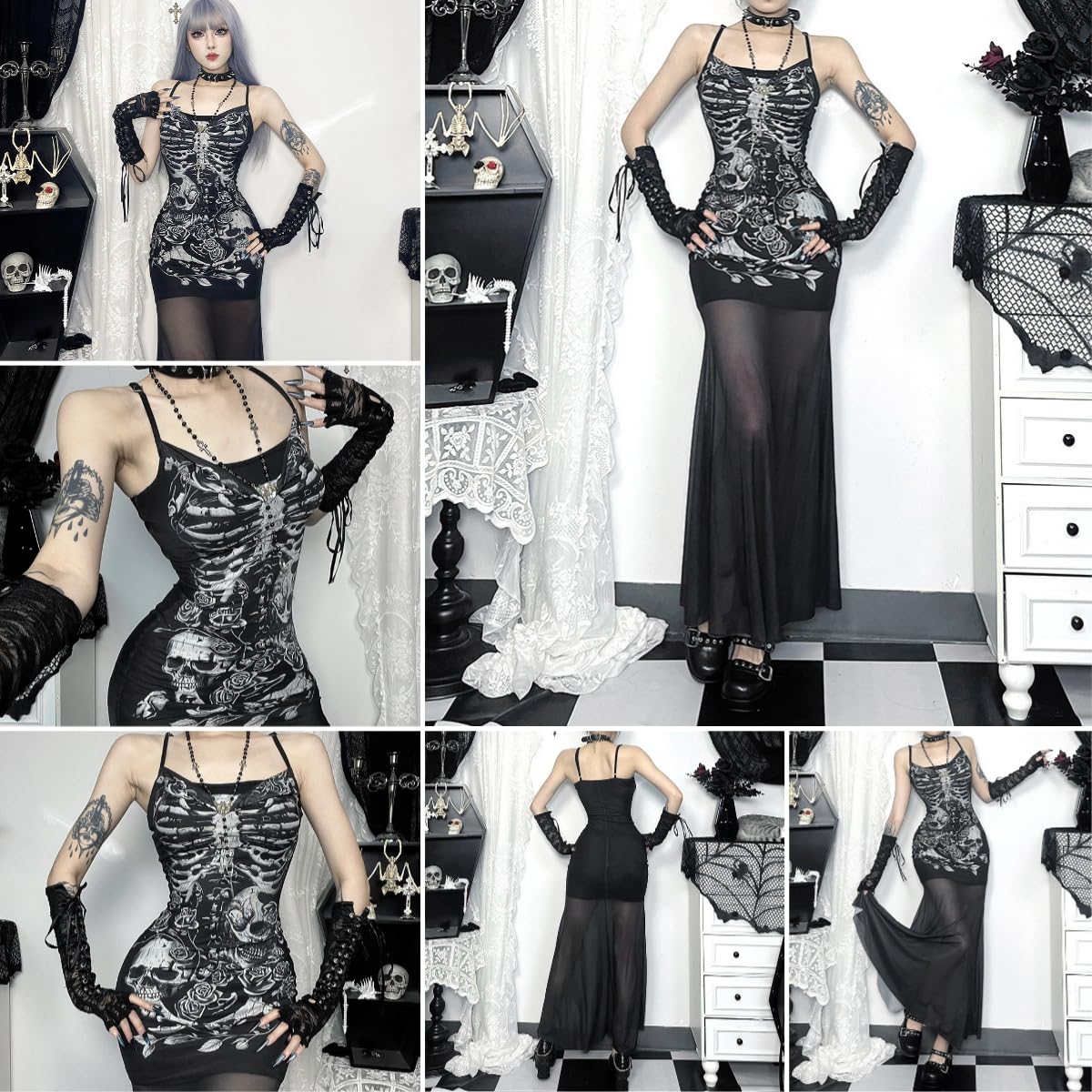 Women Vintage Floral Print Spaghetti Strap Maxi Dress Dark Gothic Sheer Mesh Sleeveless Bodycon Dresses for Party Club: X-Small Black Skull
