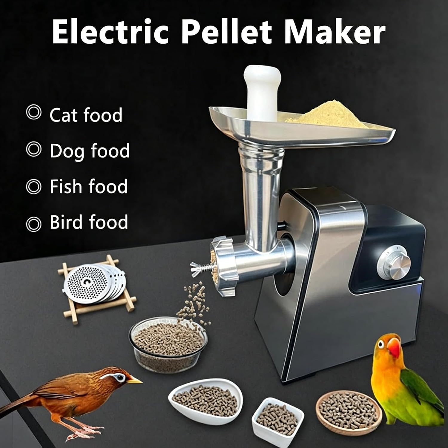 Macchina elettrica per la produzione di pellet per mangimi, robot da cucina per alimenti animali da 1200 W con lame regolabili, ideale per uccelli, pesci e piccoli animali domestici.