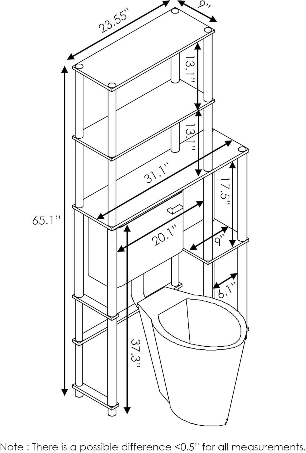 Furinno Turn-N-Tube Over The Toilet Storage, 5-Shelf Over The Toilet Organizer, Freestanding Space Saver Bathroom Shelf, for Bathroom Organizers and Storage, Grey Oak
