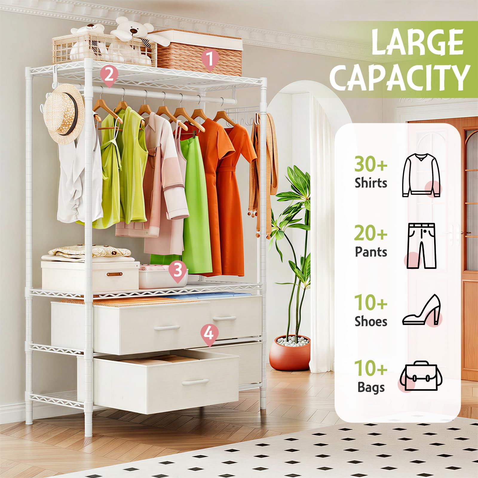 Armario de Ropa de Metal con 4 Cajones y Estantes Ajustables | Blanco, 90 × 40 × 180 cm, Burro de ropa para dormitorio o vestidor
