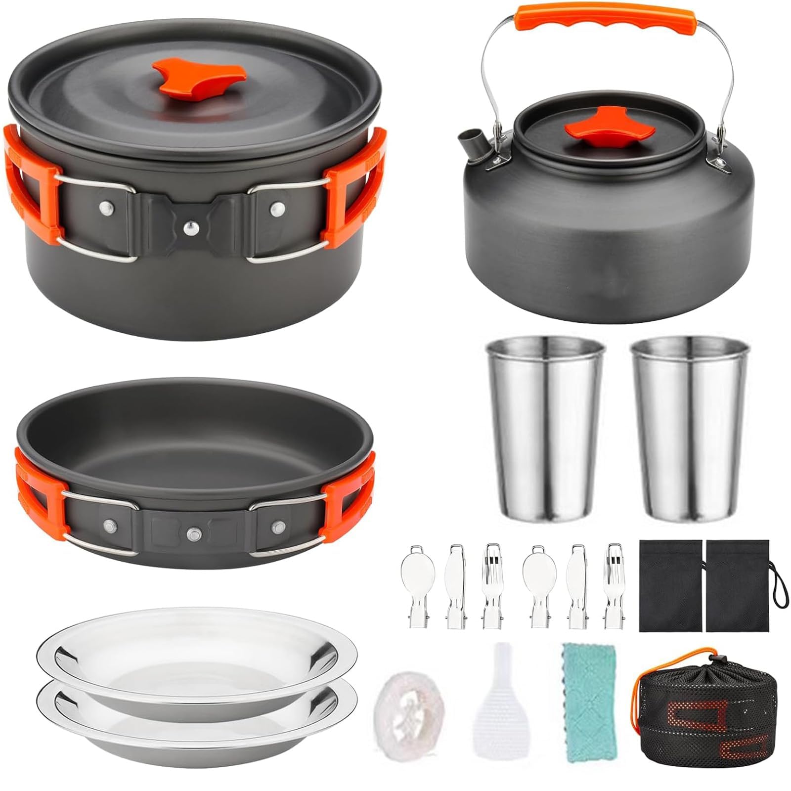 Juego de 19 utensilios de cocina para camping, equipo ligero para mochileros con olla de 0.45 galones, hervidor de 7 pulgadas, juego de equipo de cocina para campamento al aire libre con