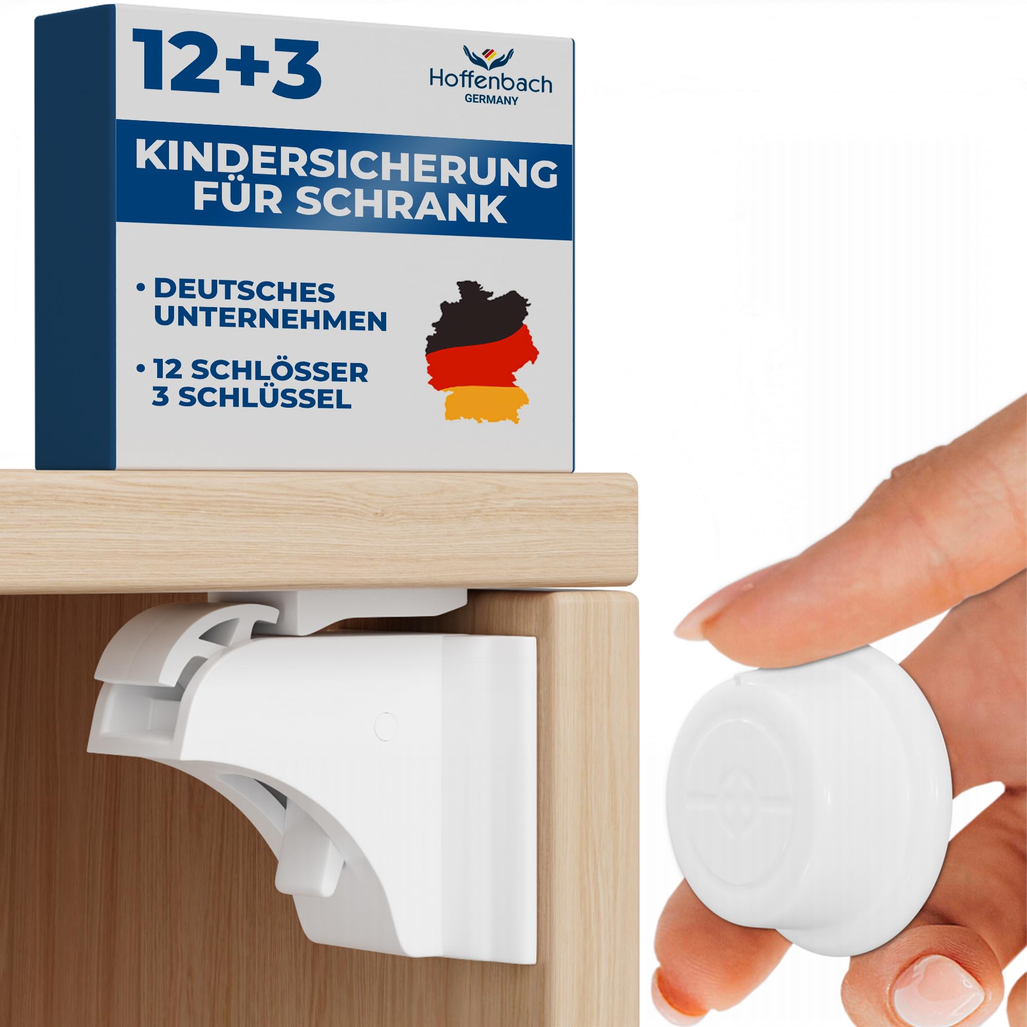 Hoffenbach Magnetische Kindersicherung 12 Schlösser + 3 Schlüssel – Schranksicherung & Schubladensicherung ohne Bohren – Unsichtbarer Magnetverschluss – Weiß