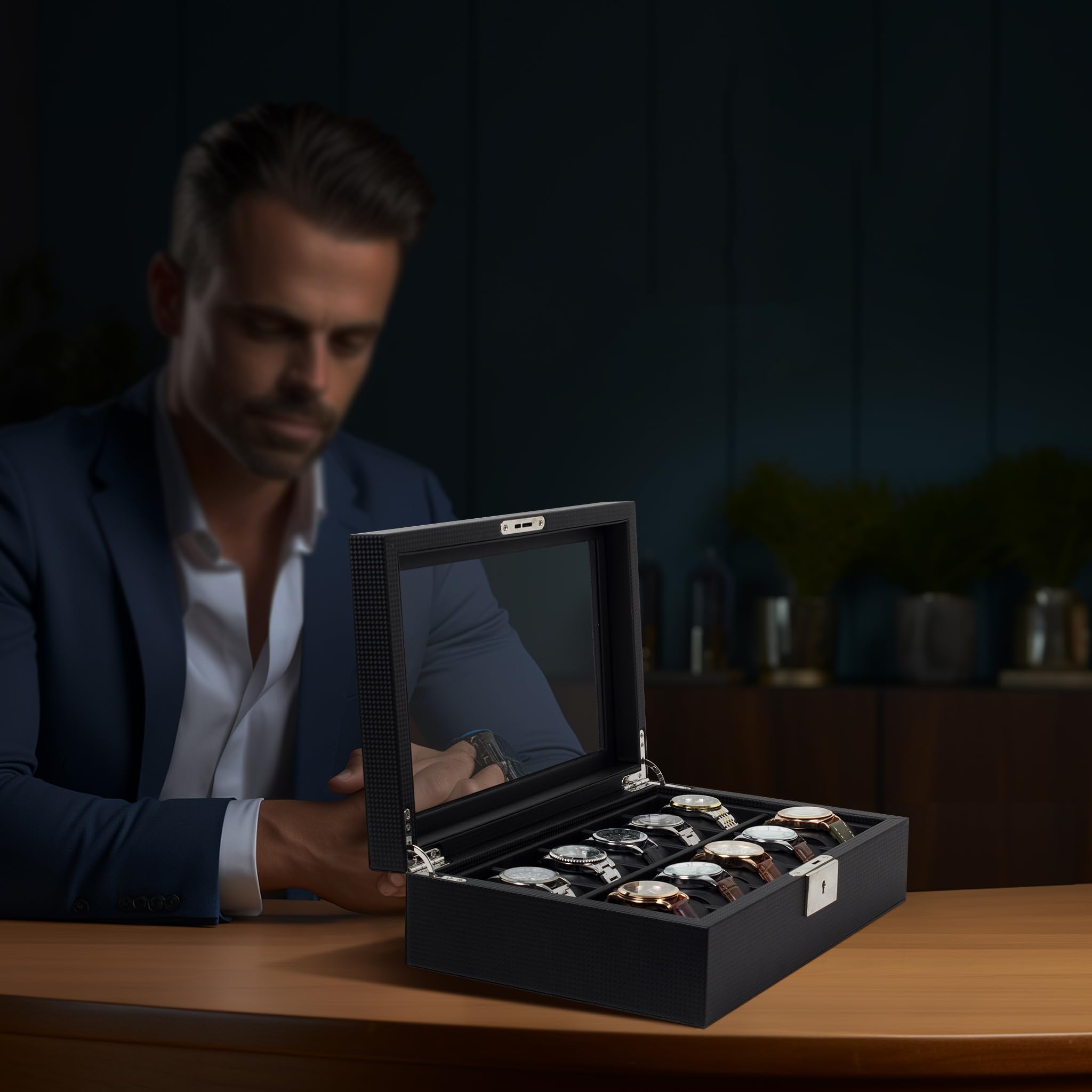BDJ108BLACK Boîte à montres 10 compartiments de rangement en cuir synthétique avec verre et serrure pour montre homme et femme Noir
