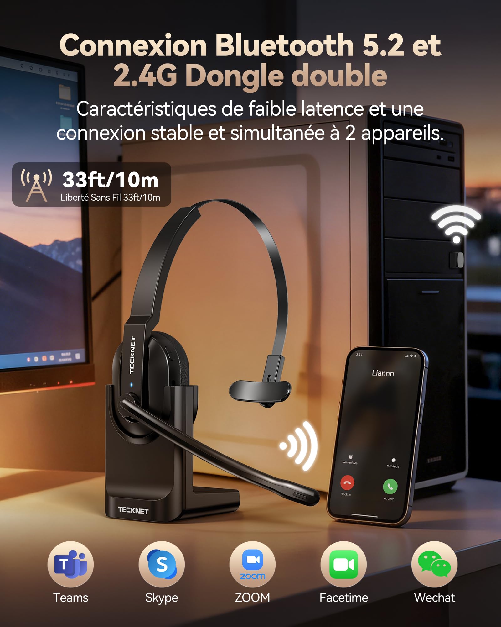 TECKNET Casque Bluetooth V5.2 avec microphone, casque sans fil avec station de charge, MIC ENC Casque PC, dongle USB, casque supra-auriculaire sans fil pour camionneur/centre d'appel/bureau – Batterie
