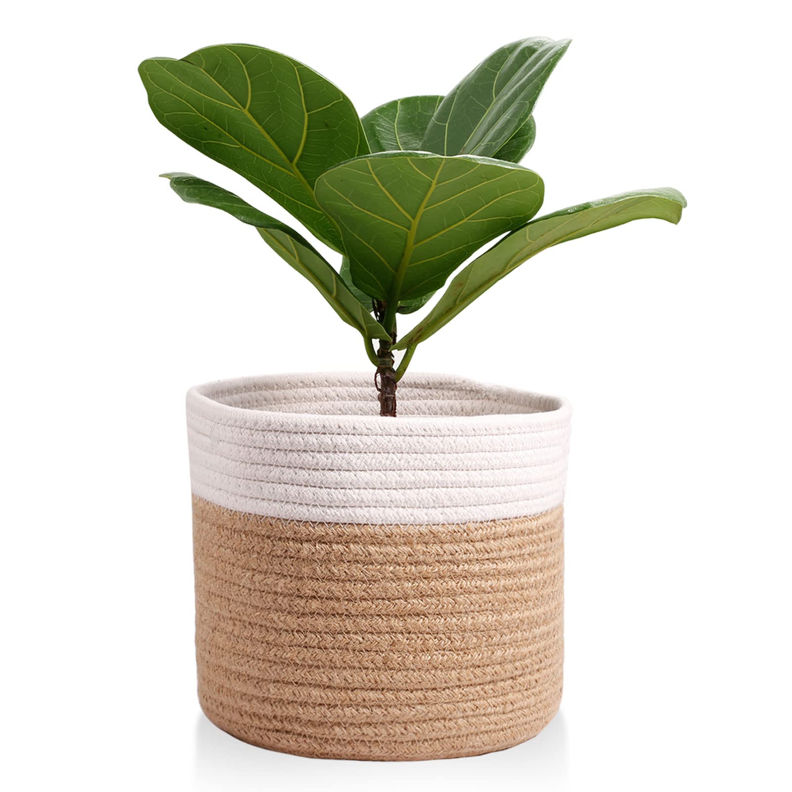 Oradrem Cotton Rope Plant Basket Modern Woven Plant Basket for 10" Flower Pot Floor Indoor Storage Organizer Baskets Home Decor 11x11 Inch Brown/White