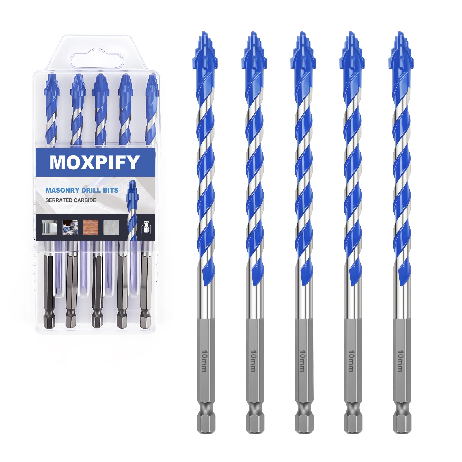 MOXPIFY 5PCS 10mm x 150mm Masonry Drill Bits Set, Porcelain Tile Drill Bit, Tungsten Carbide Drill Bit for Tile, Glass, Ceramic, Marble, Concrete, Brick, Granite, Wood