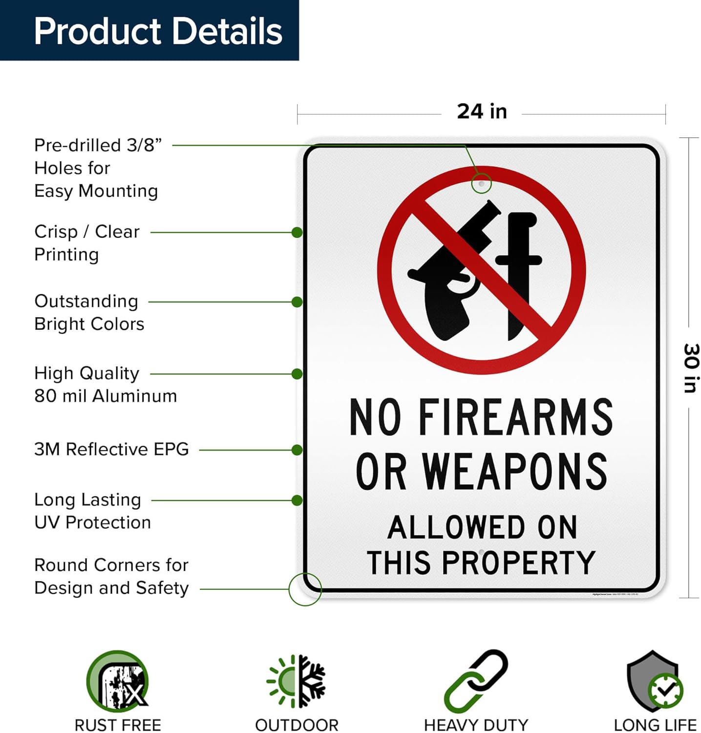 No Firearms No Weapons Allowed On This Property Sign, 24"x30" .080 Reflective Aluminum, Indoor/Outdoor Use, USA MADE By My Sign Center