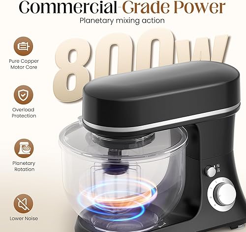 Miniatura 2 de Batidora de pie de 800 W con cuenco de 5.3 cuartos de galón, batidora de cocina eléctrica de 6 velocidades con pulso, batidora de alimentos con