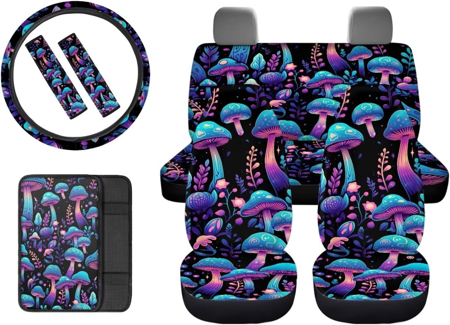 Gomyblomy Blue Mushrooms Car Accessories Combo Set, Universal Front Rear Seat Covers with Steering Wheel Cover, Seat Belt Pads, Center Console Pads