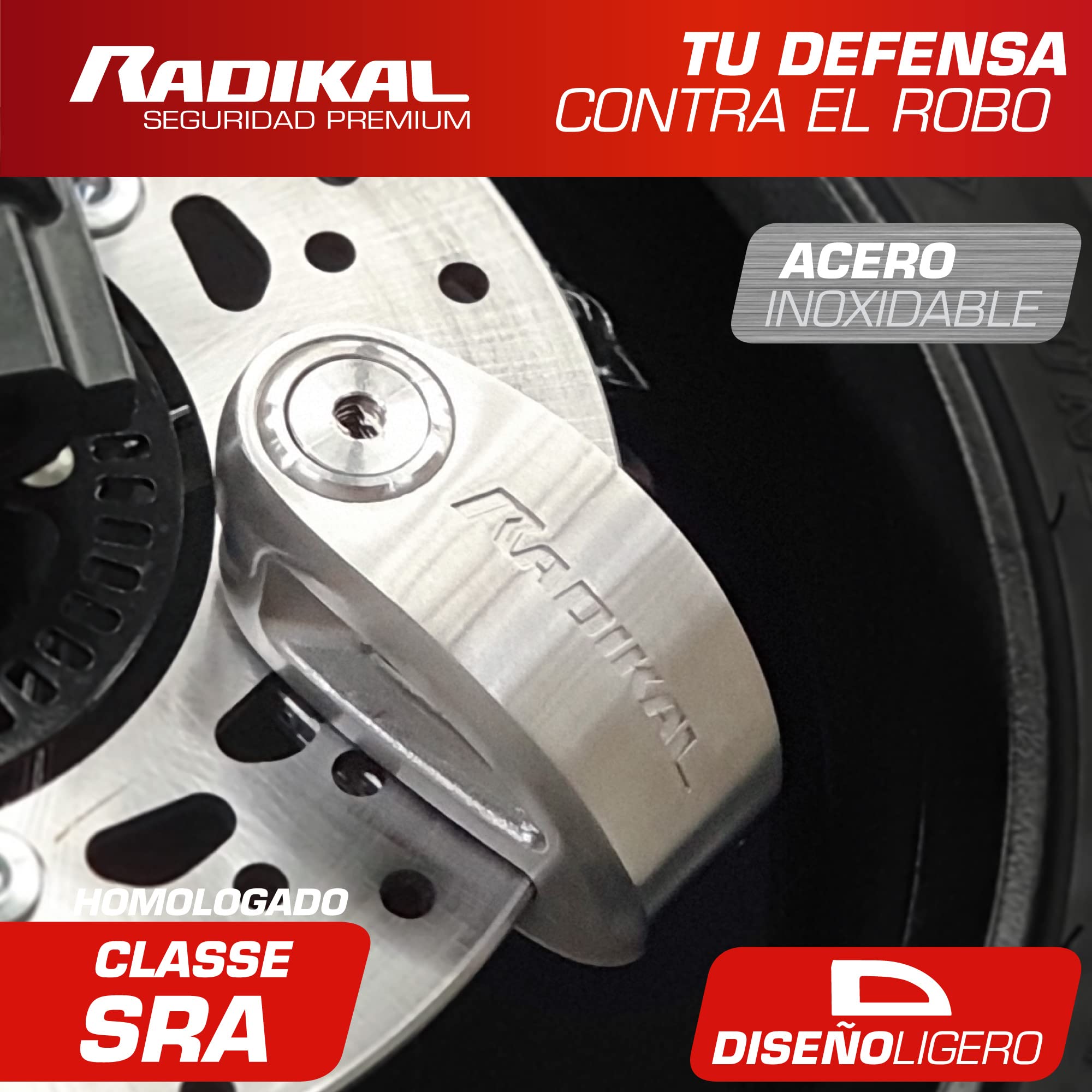 RADIKAL RK310S Candado Moto Premium, Antirrobo Disco Homologado SRA, Testado Doble Bloqueo ø10mm, Exclusivo Diseño Doble Puente, Cerradura Alta Seguridad, Acero Inoxidable, Cepo Pinza Motos y Scooter