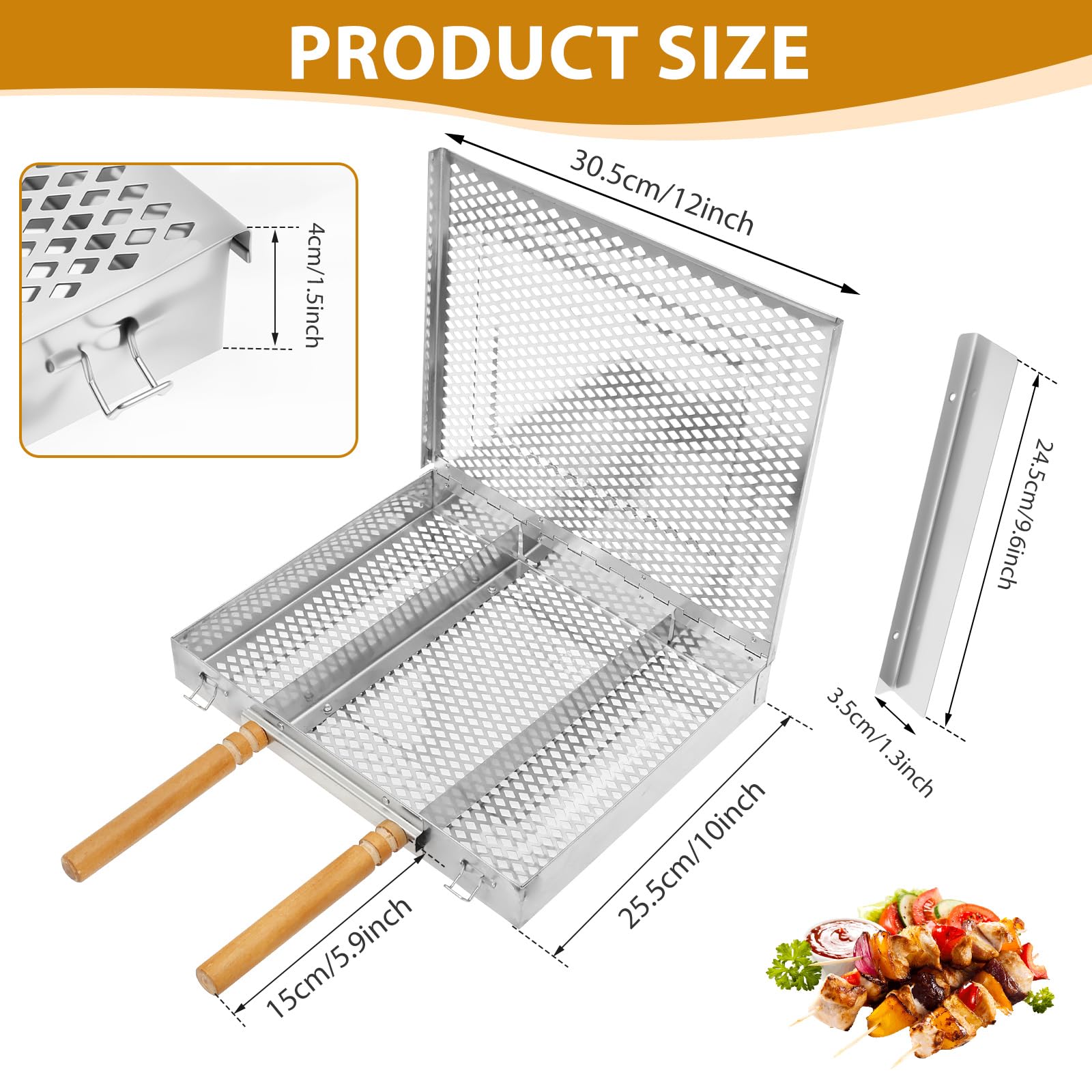 Griglia in acciaio inox per barbecue, grigliare pesce, verdure, gamberetti, griglia portatile da esterno con manico in legno, accessori per barbecue perfetti per regali