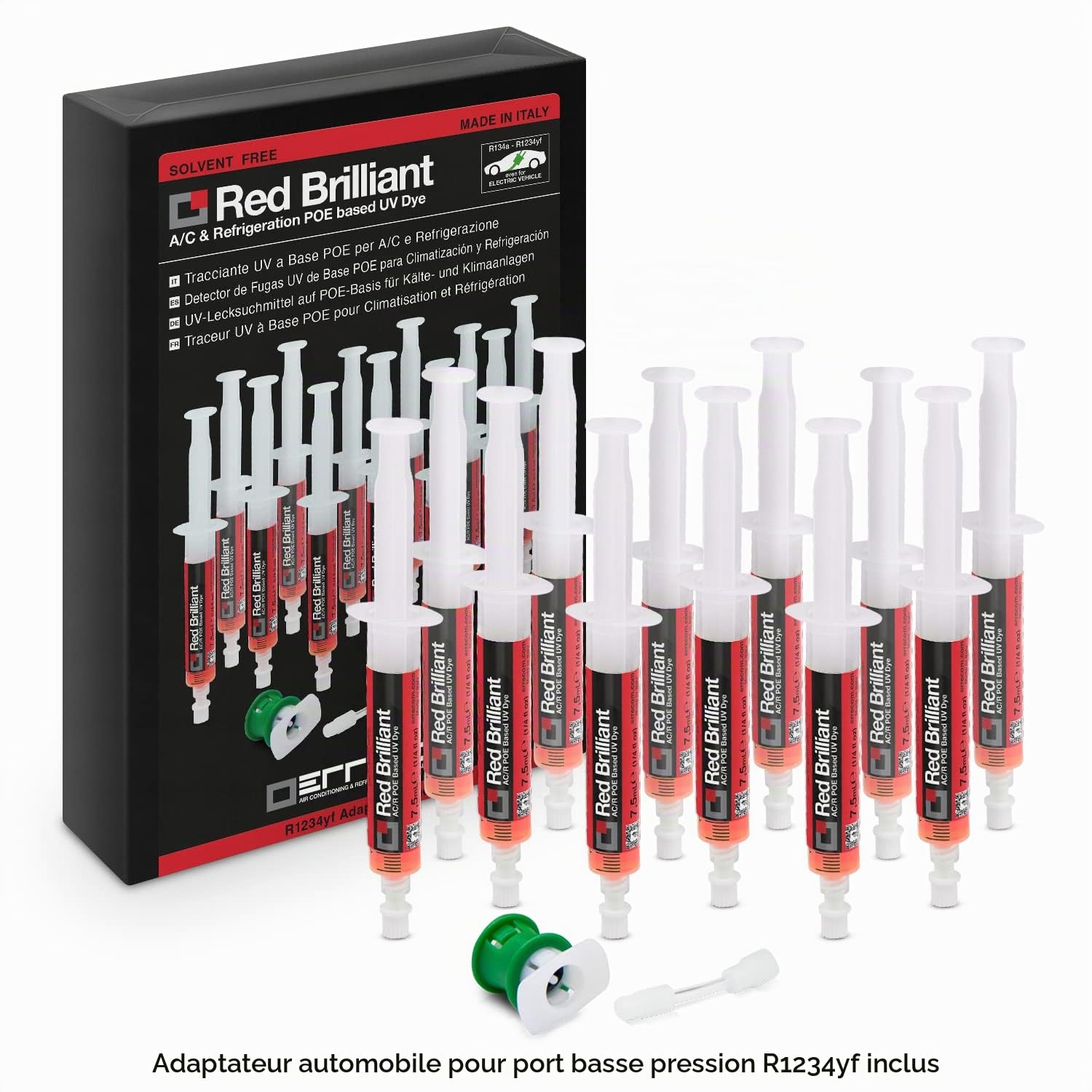 ERRECOM Red Brilliant - 12 x 7,5 ML, Traceur UV à Base POE pour localiser Fuites de Gaz Réfrigérant dans Les Systèmes A/C de Véhicules avec Compresseur Electrique, Contient Adaptateur pour R1234yf