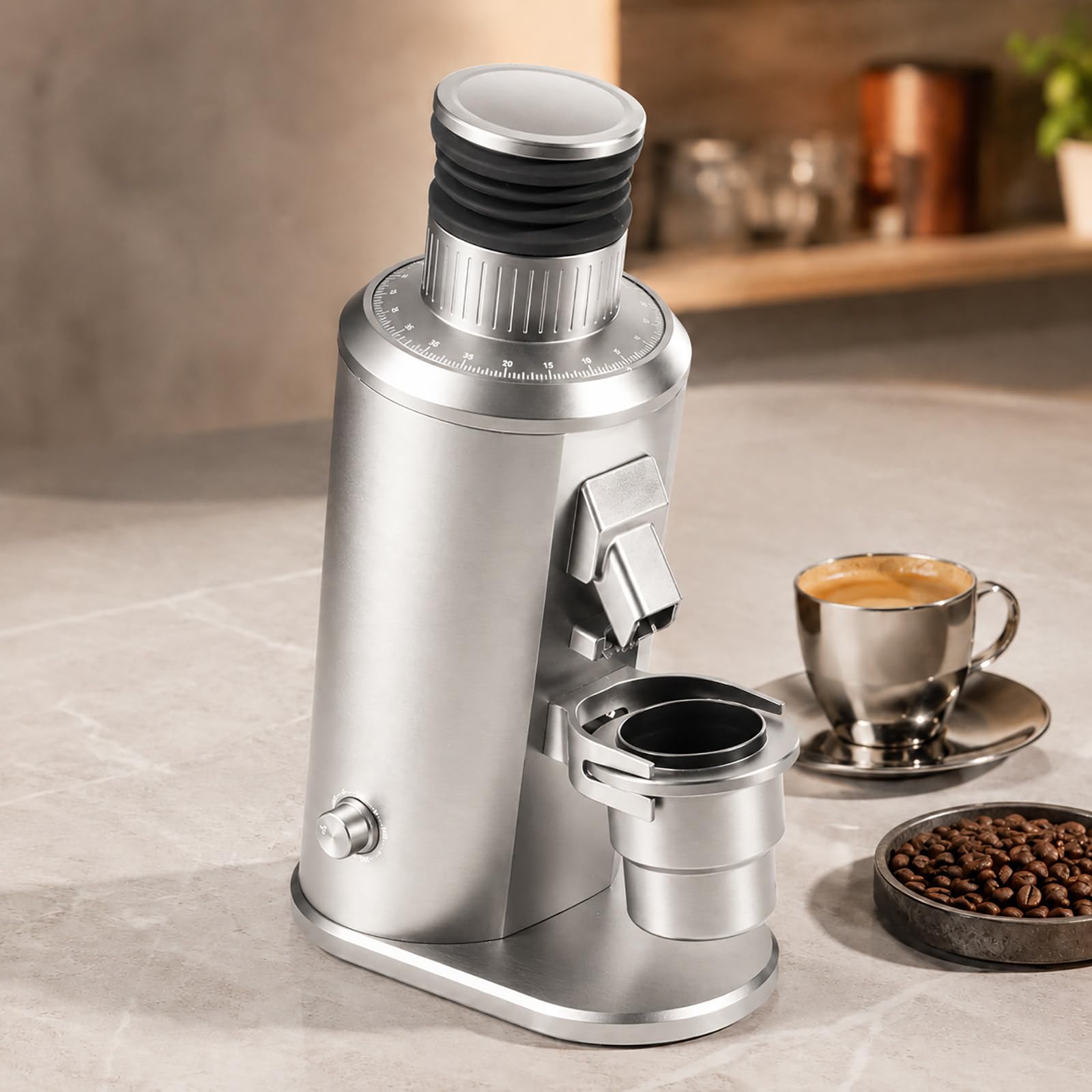 vnmudzeo Single Dose Coffee Grinder - 80mm Flat Burr Grinder with 550W Motor, 800-1600 RPM Speed Control, Bellows Hopper and 58mm Espresso Holder Silver