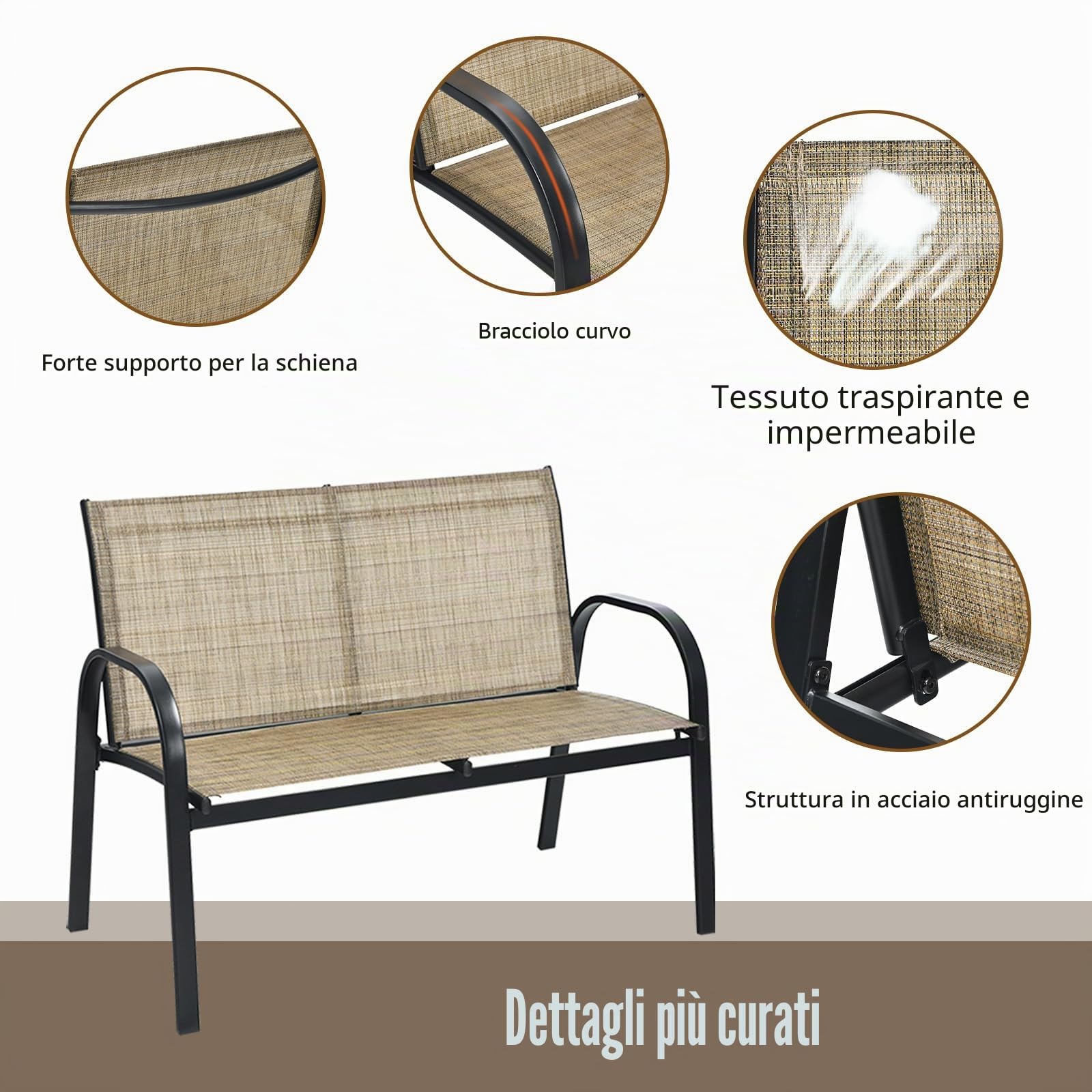 KOMFOTTEU Set di 4 mobili da giardino per 4 persone, set da giardino con 2 sedie e 1 panca e 1 tavolino da caffè, set di mobili da terrazza per piscina, cortile (marrone), QF54737IBDE