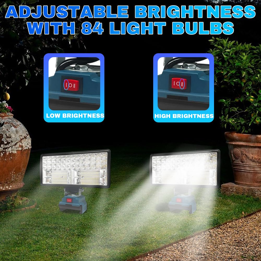 Lámpara LED Recargable para Batería Makita 21V, 80W 6000LM Foco LED Recargable, Luz de Trabajo Portátil Inalámbrica con 2 Puertos de Carga USB para Reparación de Coches, Camping, Obras