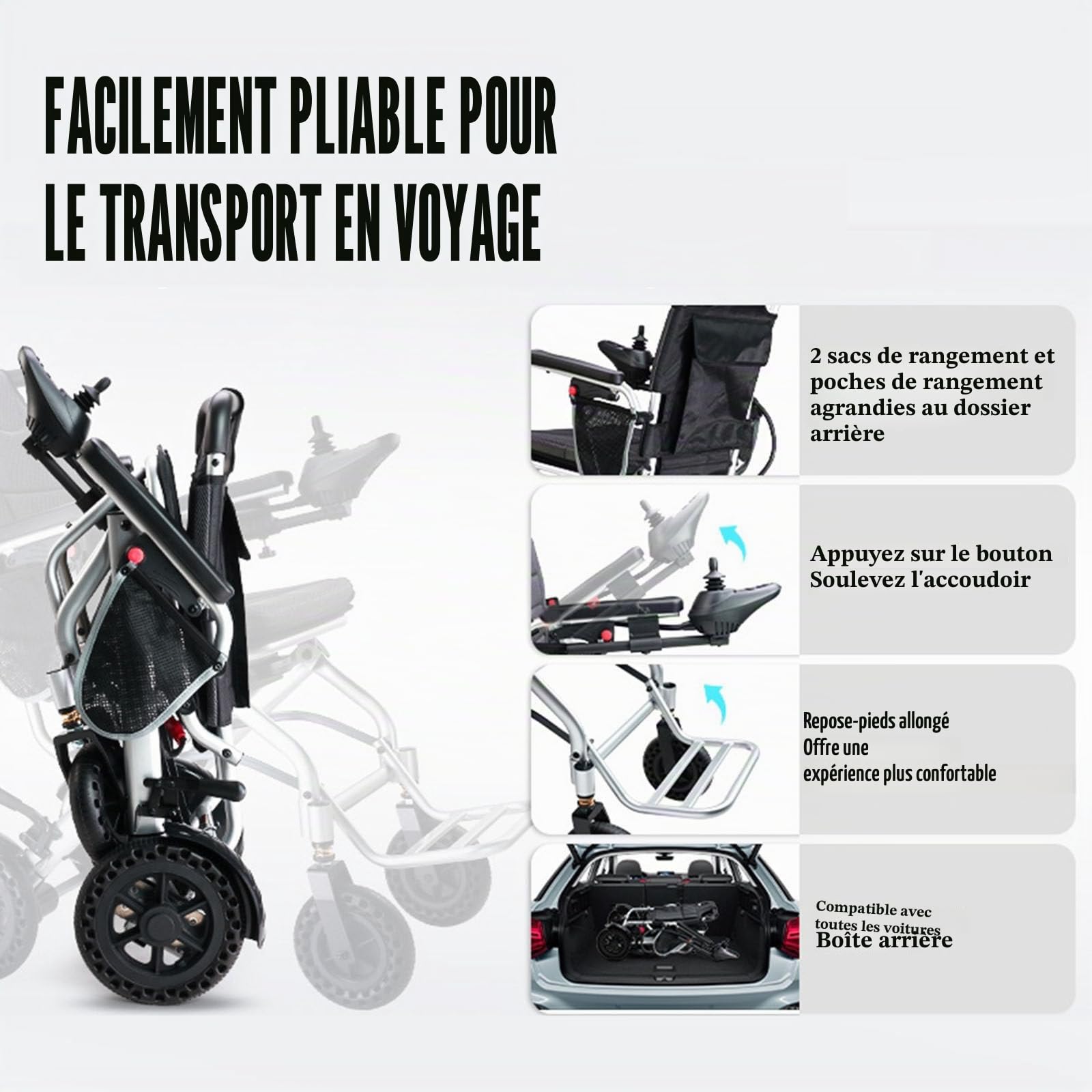 Fauteuil Roulant éLectrique Pliable Homologué Par Les Compagnies AéRiennes, LéGer De 16,3 Kg Avec Deux Moteurs Sans Balais, Tout-Terrain, Capacité De 100 Kg,20AH