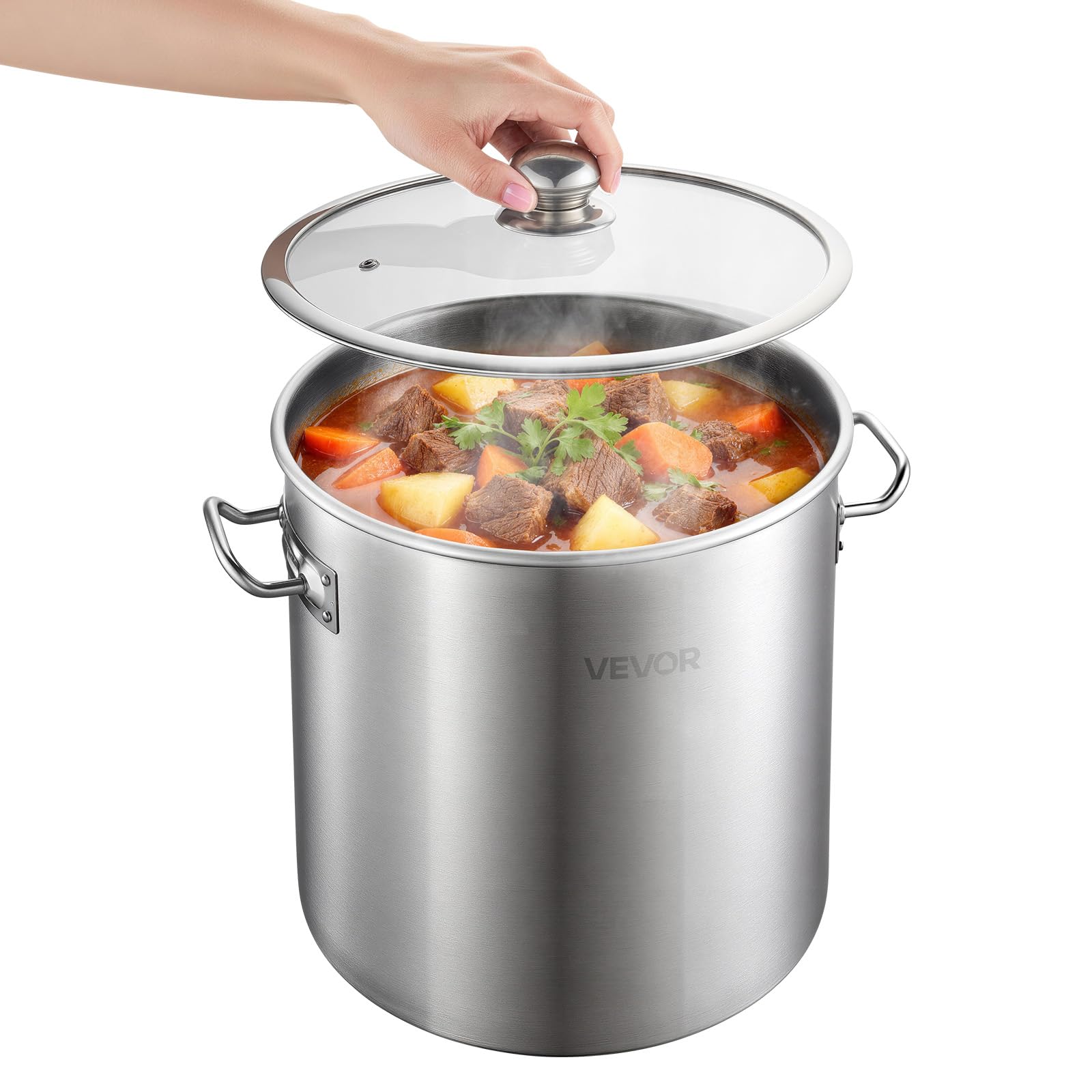 VEVOR Pentola in Acciaio Inox da 19,9 Litri, Casseruola in Acciaio Inox con Coperchio in Vetro per Cottura da Cucina Brodo, Pasta, Zuppa, Catering Ristorante Cucina Commerciale, Senza PFOA PFAS