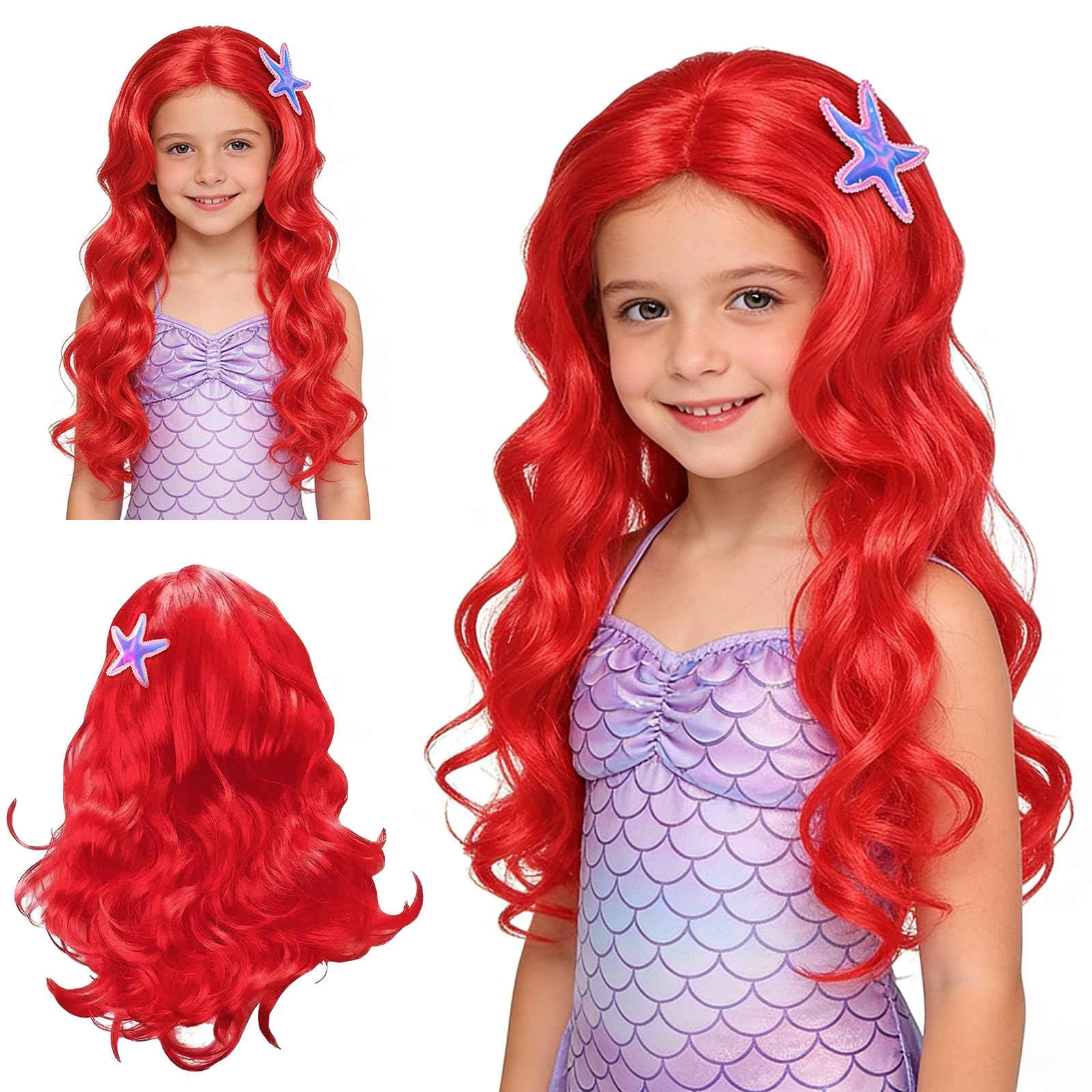 AOOWU Peluca Infantil de Sirena Princesa Sirena para Niña, Pelucas Princesa Cosplay, Peluca Roja Ondulada Sirena NIña para Halloween, Carnaval, Fiesta, Cumpleaños, Cosplay