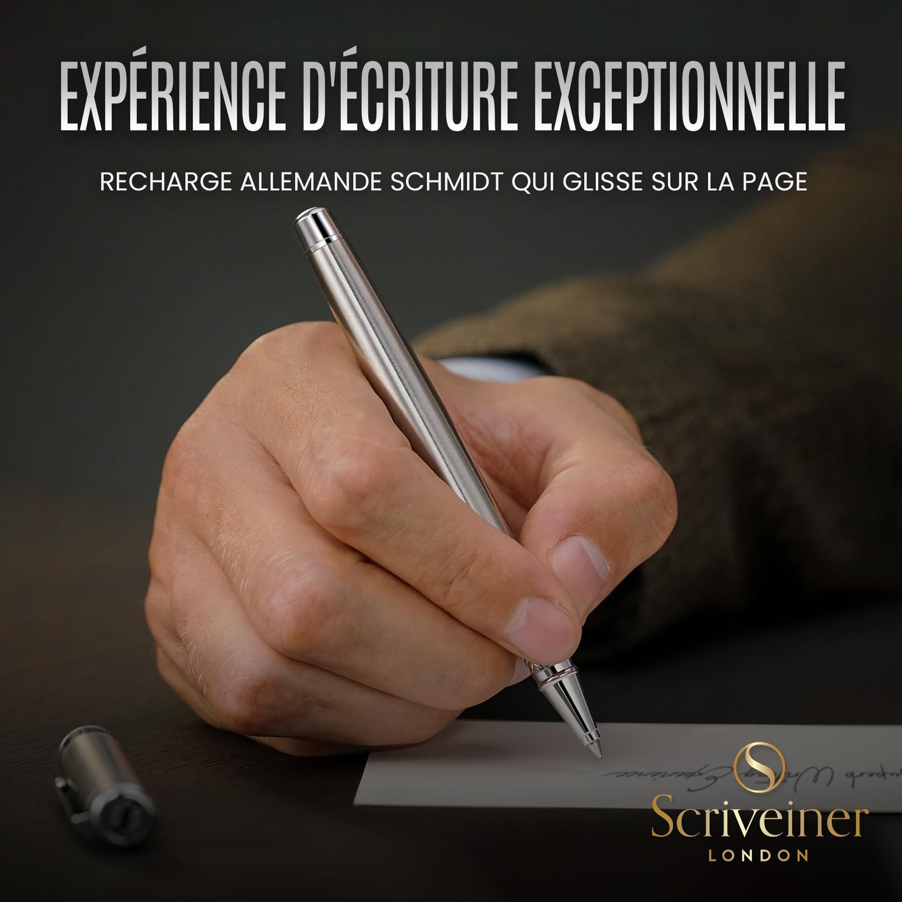 Scriveiner Stylo Roller en Acier Inoxydable - Superbe stylo de luxe en métal avec finition chromée argentée, recharge d'encre Schmidt, meilleur coffret cadeau pour homme et femme