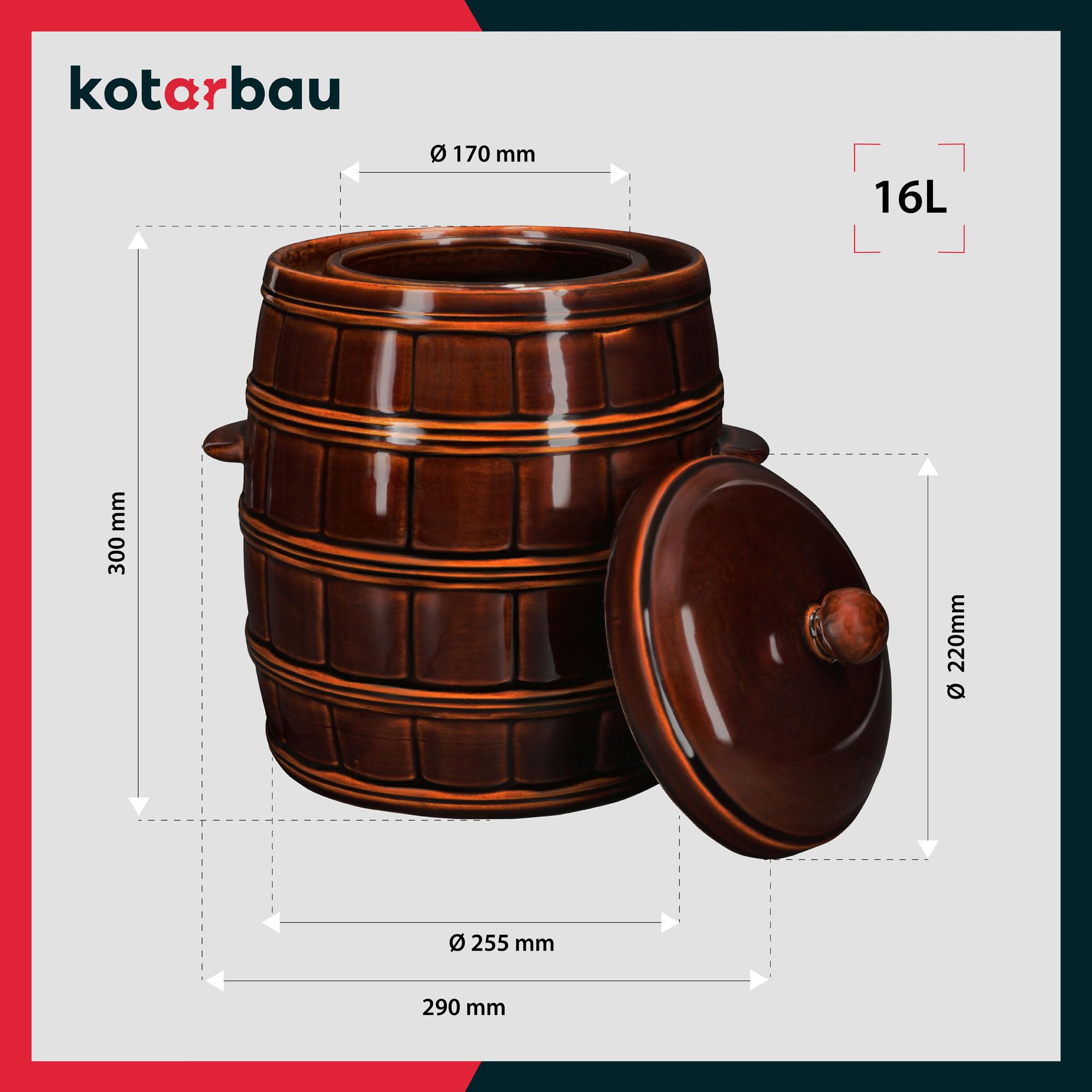 KOTARBAU® Gärtopf Steinguttopf 16 L Sauerkrauttopf Gurkentopf mit Deckel Keramiktopf Einmachtopf Steinzeuggefäß Hermetisch Keramikfass Braun Tontopf Steingut