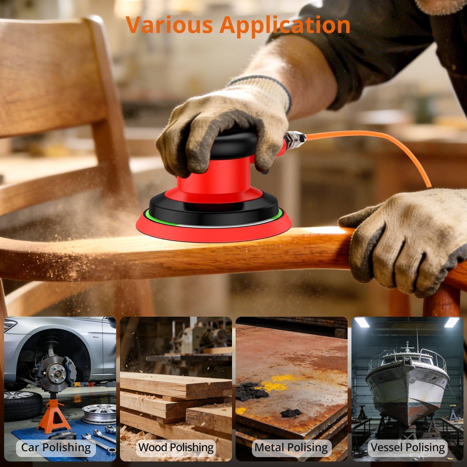 Proster Levigatrice Rotorbitale Pneumatica 125mm Nero-Rosso, 12000 RPM, Controllo Velocità Variabile, Kit 20 Fogli Abrasivi per Auto, Legno, Fai-da-Te, Professionale