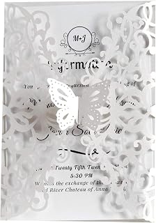 10 Pcs Wedding Invitation Cards Laser Cut Floral Butterfly Invitations Cards Kits for Engagement Wedding Party Bridal Showers (White)