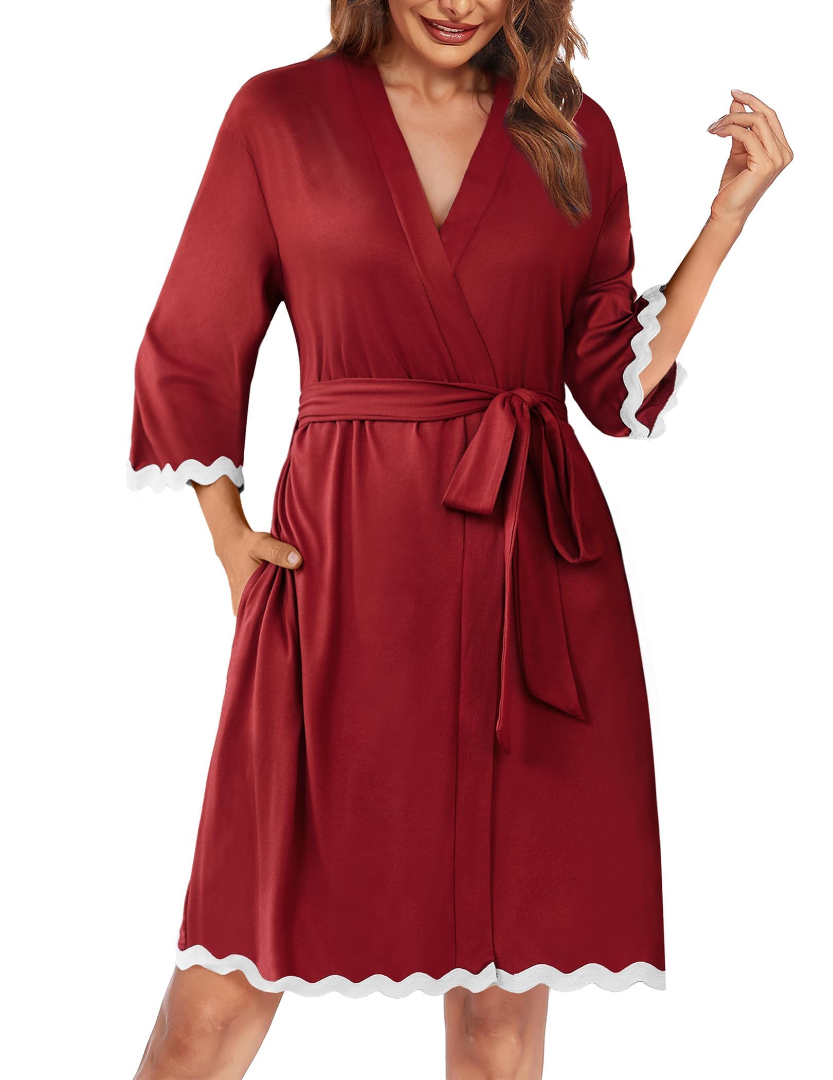 Ekouaer Women Kimono Robe 3/4 Sleeves Loungewear Dress Knee Length Sleepwear Pockets Housecoat Short Bathrobe S-XXL