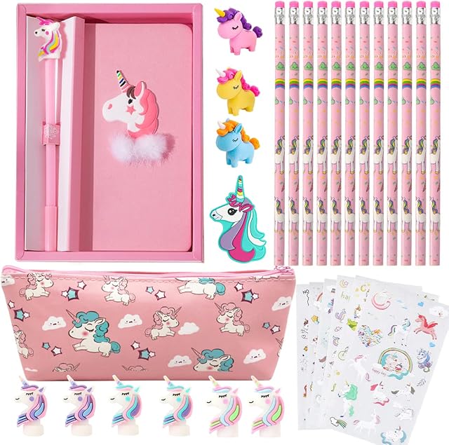 Unicorn Stationery Set for Girls, Unicorn Gift Toy for Girls Age 4 5 6 7 8 9 Years Old Birthday Christmas Gift, Back to School Stationary Sets with Notebook, Pencils, Eraser, Pencil Case, Sticker
