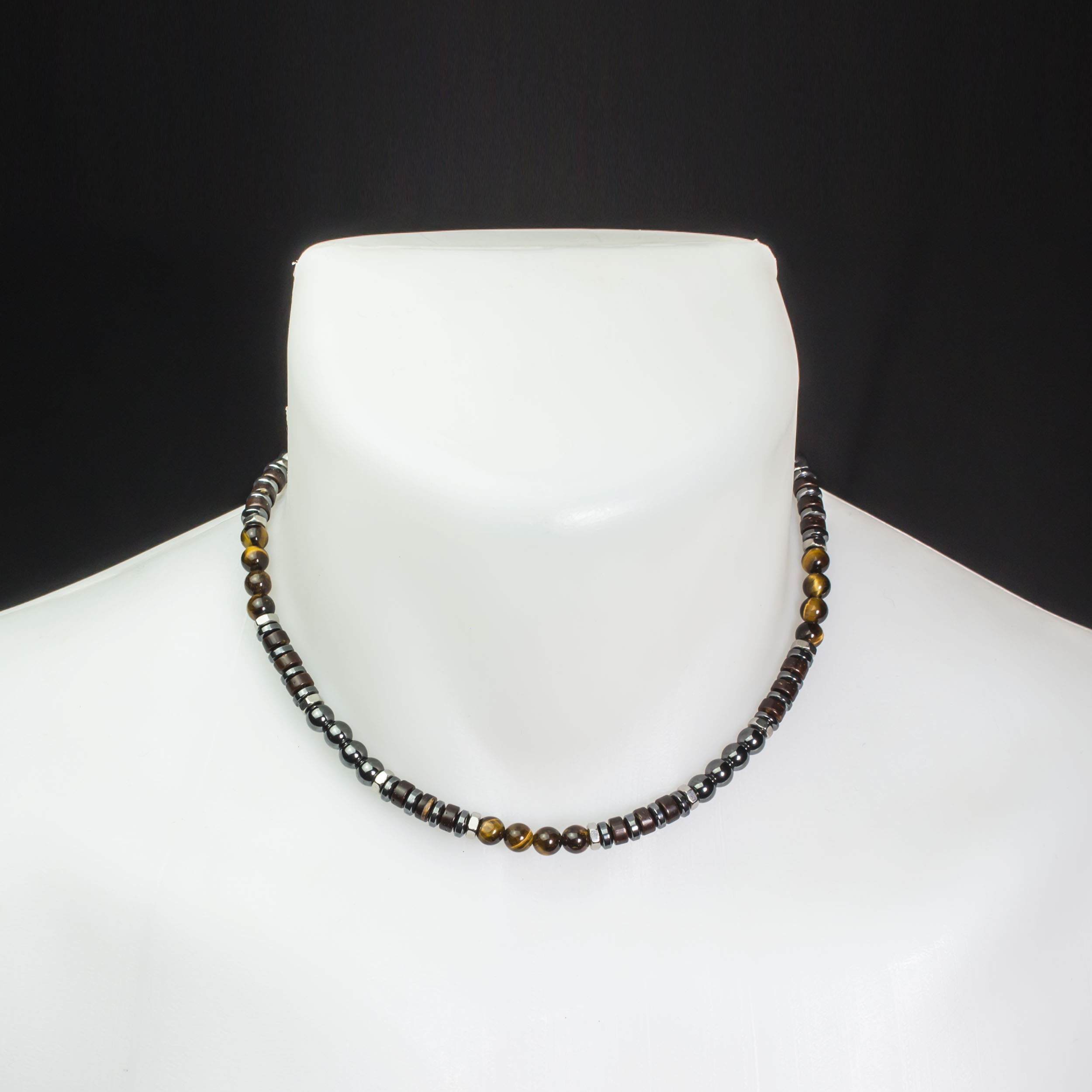 Sublime Collier Homme perles Ø6mm pierre Naturelle Œil de tigre bois coco hématite métal inoxydable couleur argent style tibétaine COLLITRION