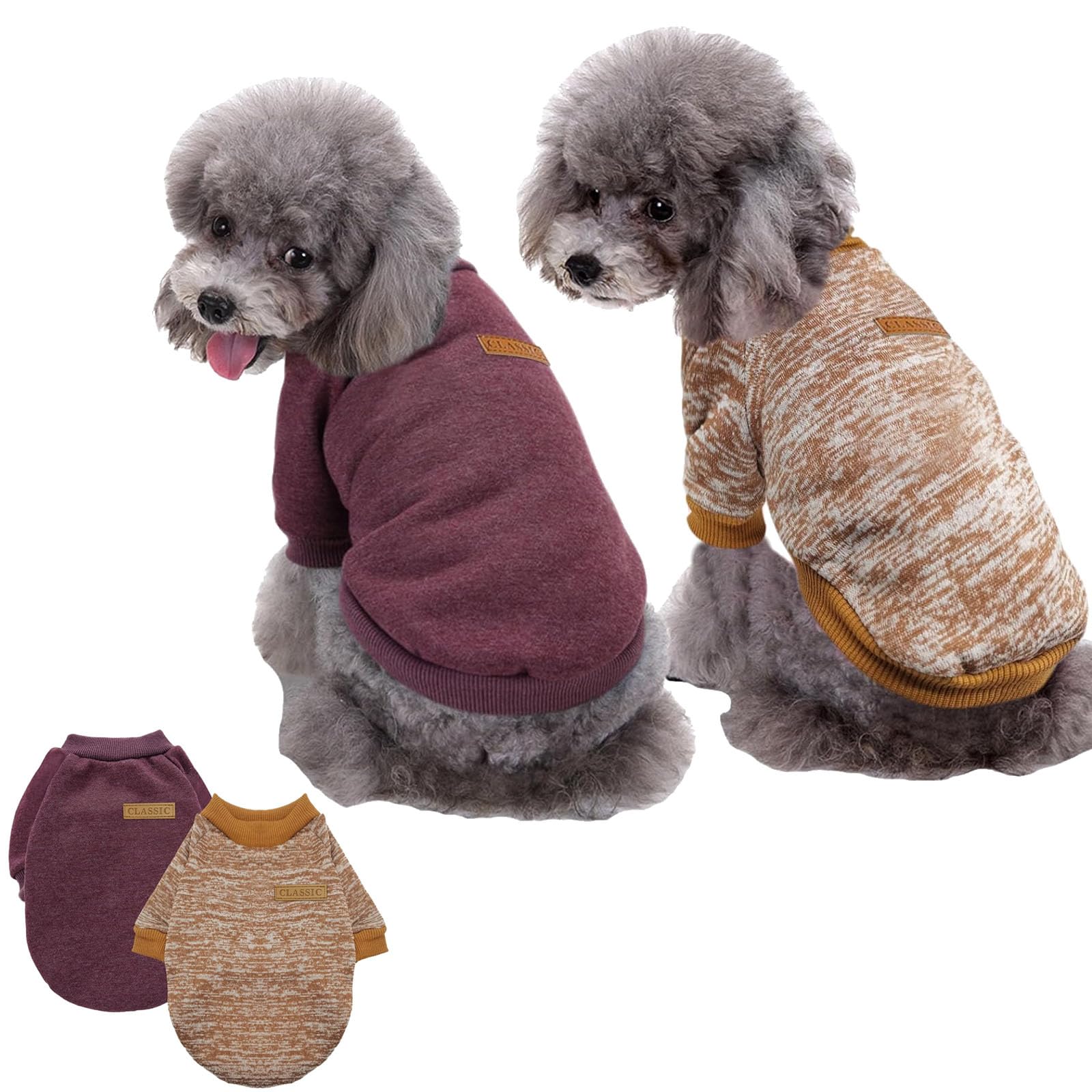 Azonee Pet Dog Sweater, 2 Pack Pet Dog Classic Knitwear Sweater Soft Thickening Warm Pup Dogs Shirt Winter Puppy Sweate, Doggie Sweatshirt (Brown+Khaki, X-Small)