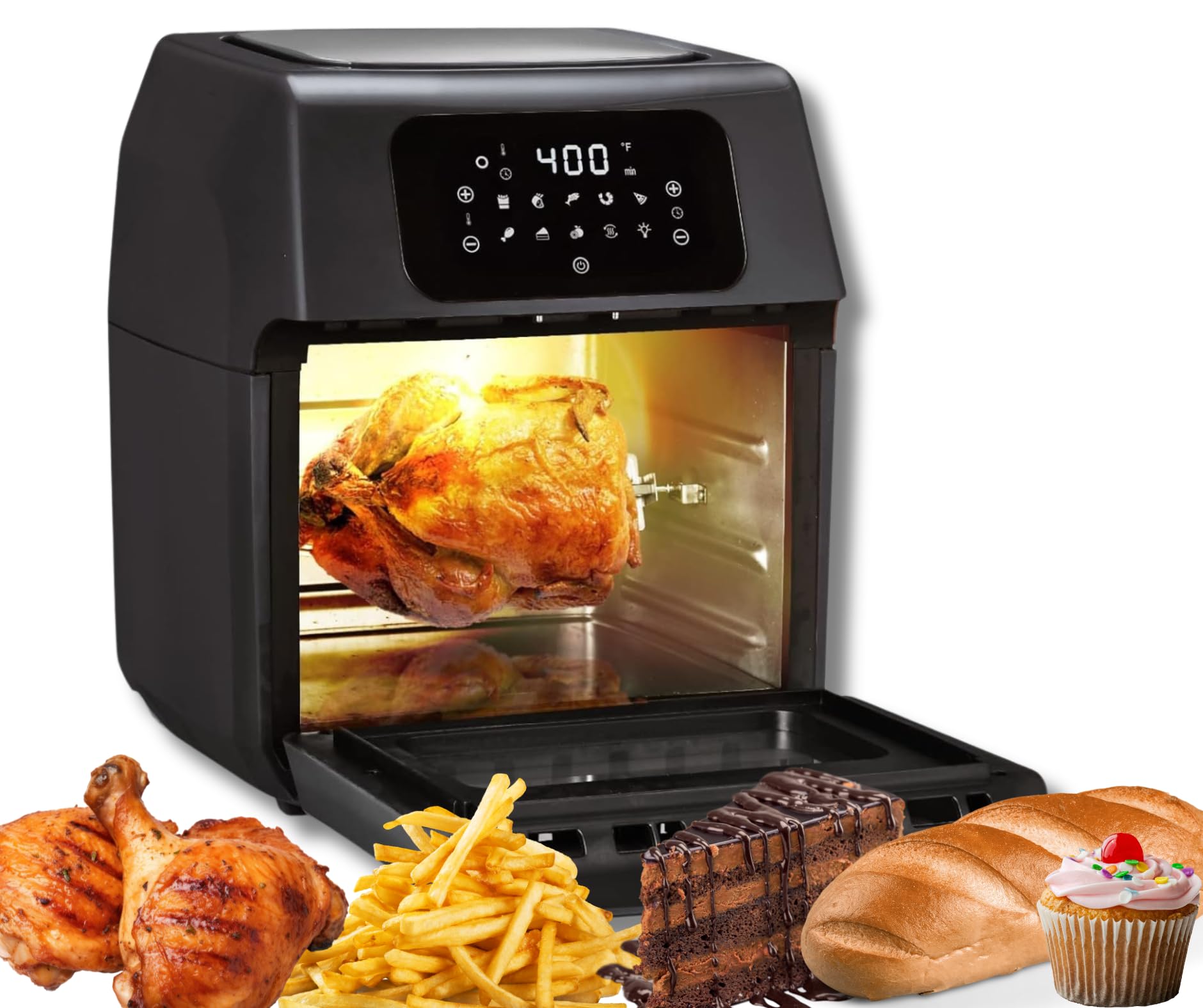 Trendi 12L Rotisserie Air Fryer Oven with Rapid Air Circulation and Large Window with Interior Light,Thermostat Control,9 Pre Set Modes,1800Watt,Black
