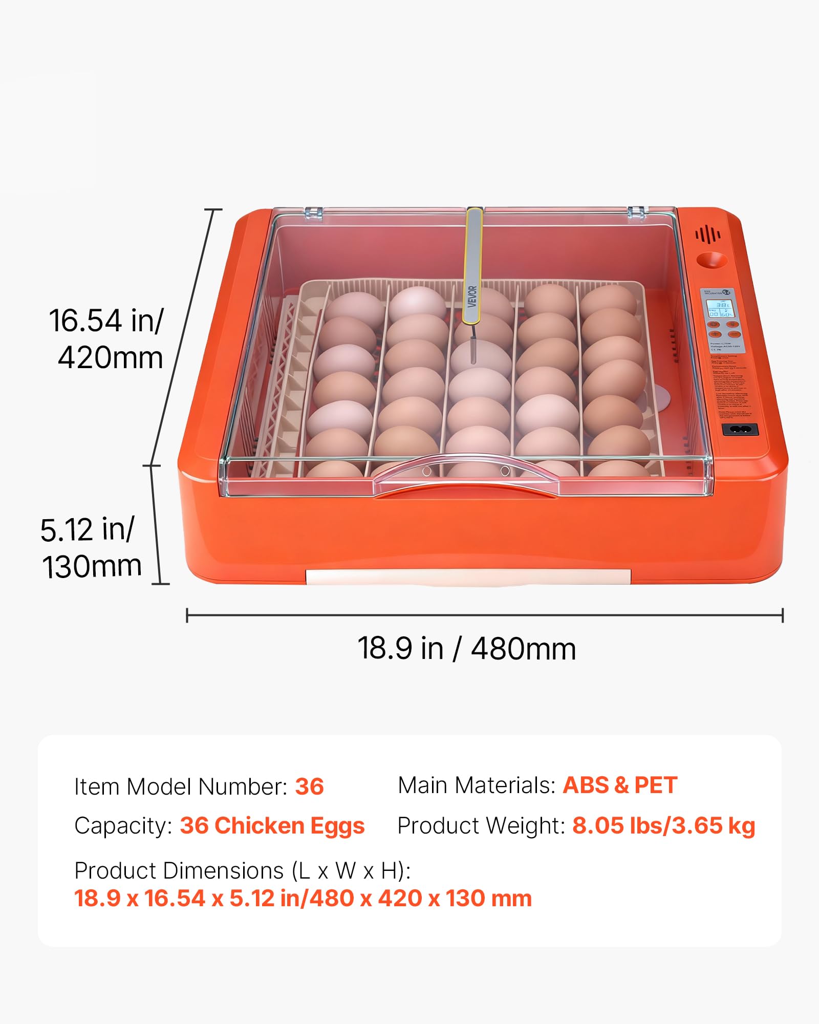 VEVOR Incubatrice da 36 Uova con Candela a LED, Display della Temperatura e Controllo Automatico dell'Umidità, Finestra Trasparente con Vista a 360°, per la Schiusa di Pulcini, Anatre, Oche