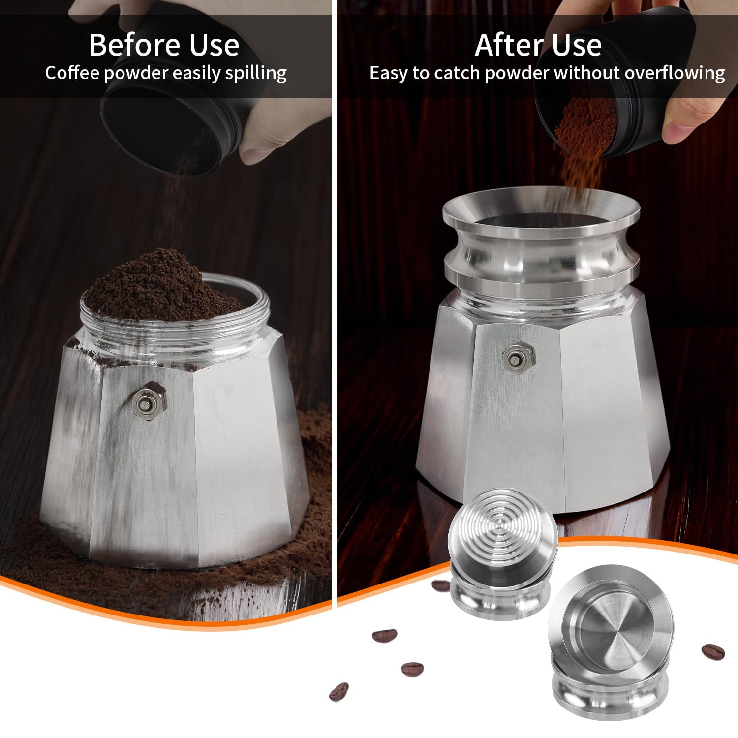 Compactador de Café para Moka de 4 a 6 Tazas, Conjunto de Embudo Dosificador de Espresso de Acero Inoxidable 304, Nivelador Distribuidor de Café Compatible con Moka Italiana
