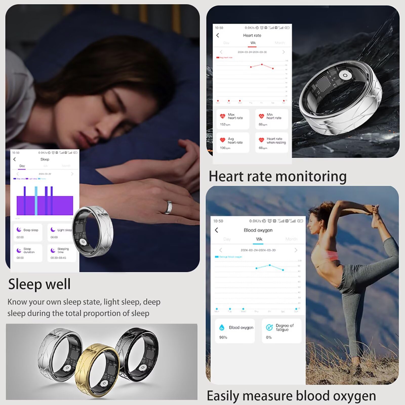Findtime Anello Intelligente per Android e iOS - Monitoraggio del Sonno, Cardiofrequenzimetro, Contapassi, Fitness Tracker per Uomo e Donna - Sport e Fitness