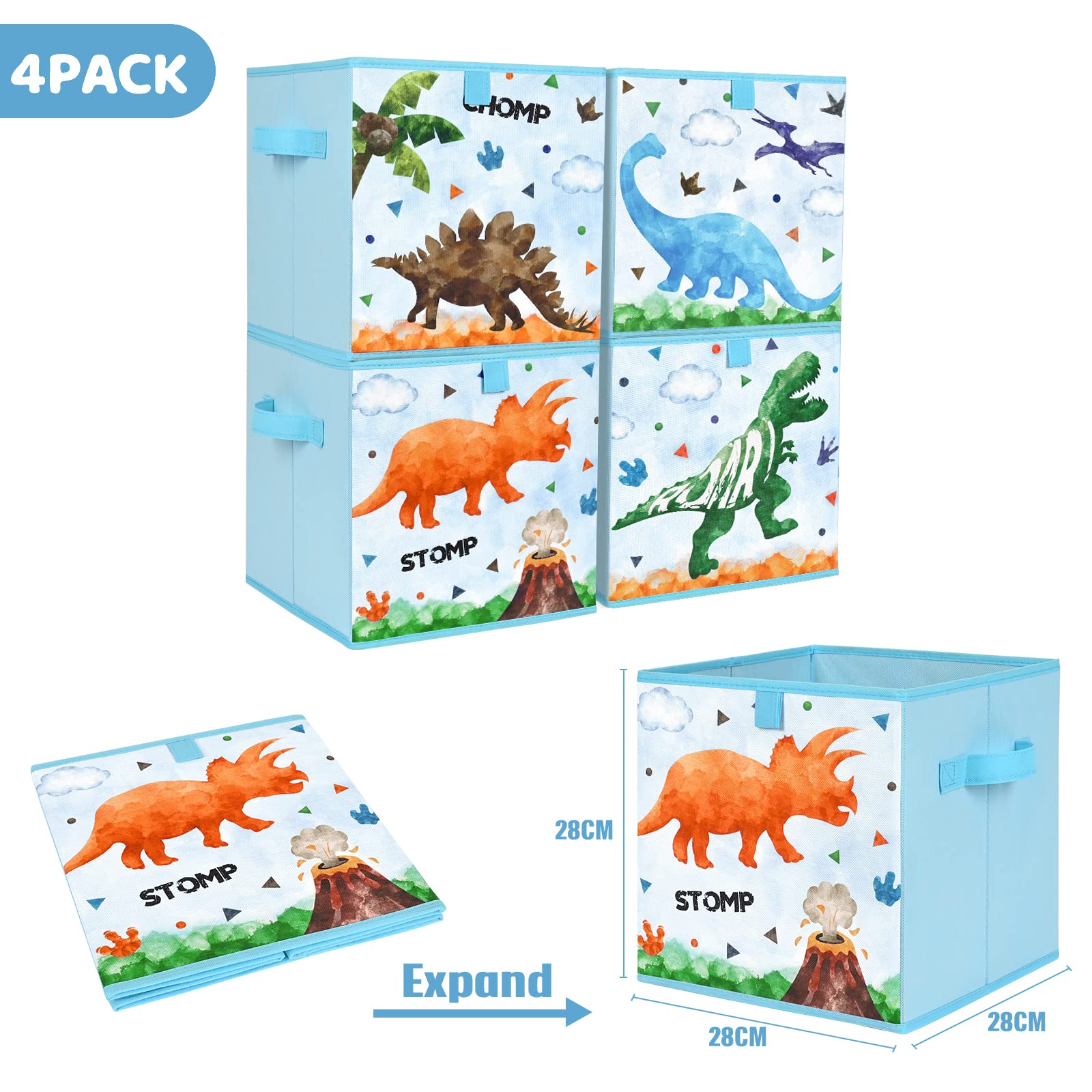 WERNNSAI Dinosaurier Aufbewahrungsbehälter - 4er-Pack Faltbare Aufbewahrungswürfel aus Stoff Organizer für Kinder Dekorative Aufbewahrungskörbe mit Griffen 28 cm Heimschrank Kinderzimmer Schlafzimmer