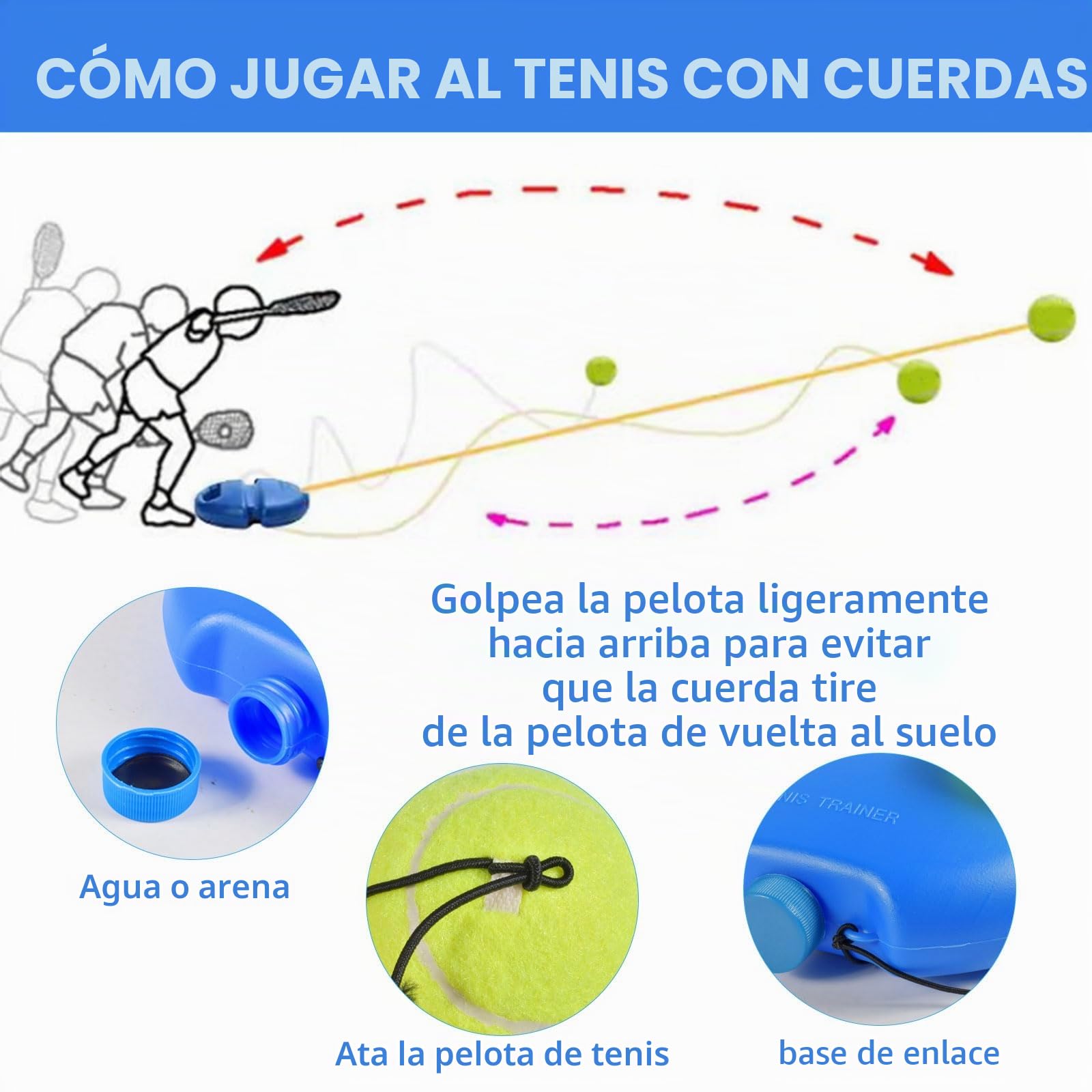 Funmo Juego de entrenador de tenis, tabla de base con 2 pelotas de rebote, banda de goma