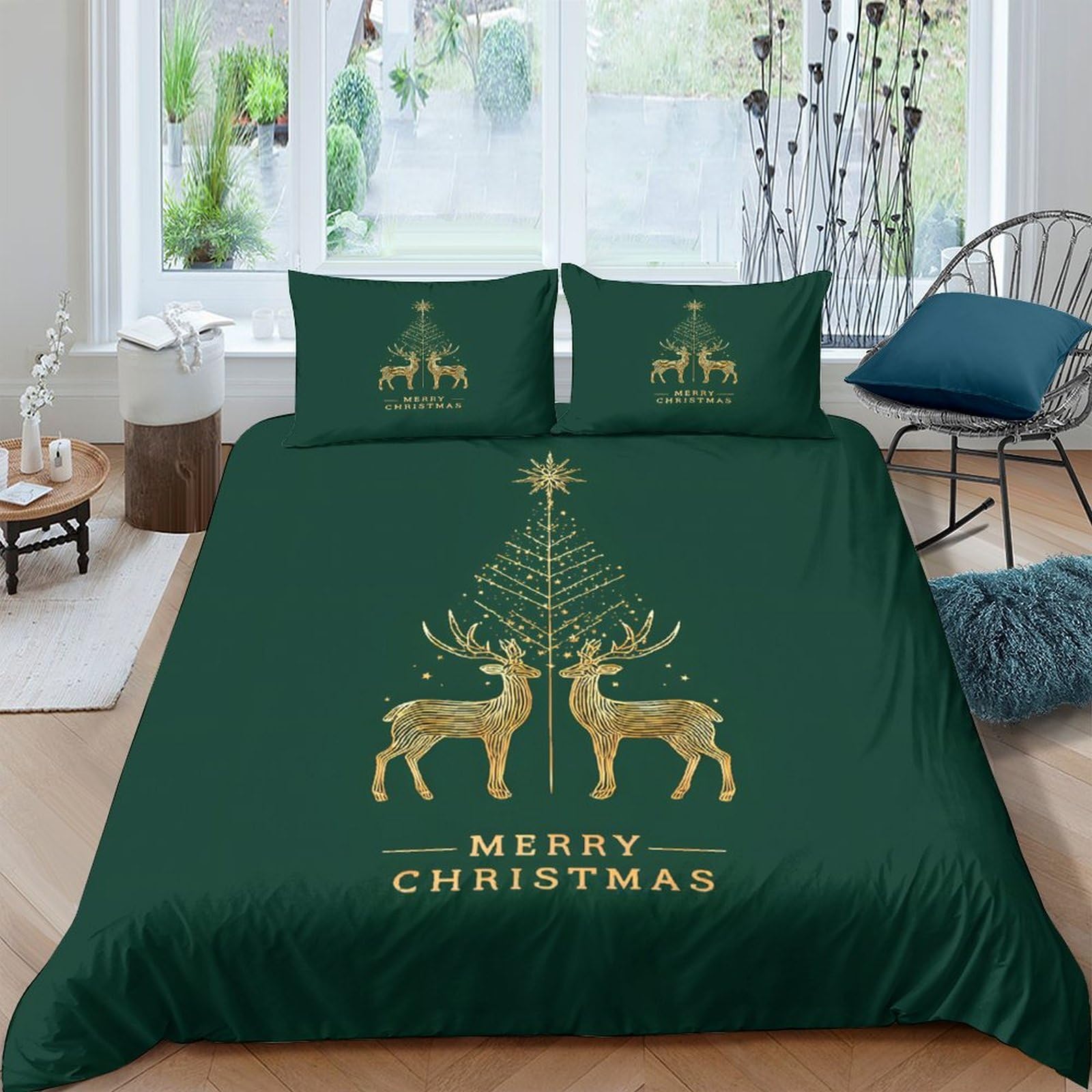 GPLZQXKJNH 3D Printed Christmas Reindeer Duvet Cover Set Microfiber Soft Green Bedding with 2 Pillowcases for Bedroom Decor Single（135x200cm）
