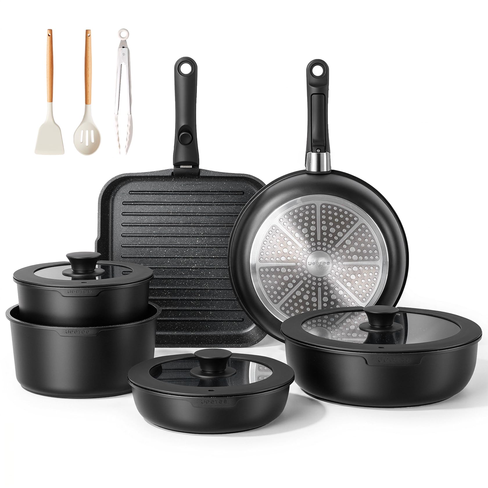JEETEE Batterie de Cuisine 25 Pièces avec Poignées Amovibles pour Induction | Lot Casseroles et Poêles Antiadhésives, Sans PFOA, Batterie Cuisine Empilable Gain de Place pour Four, Camping et Tout Feux