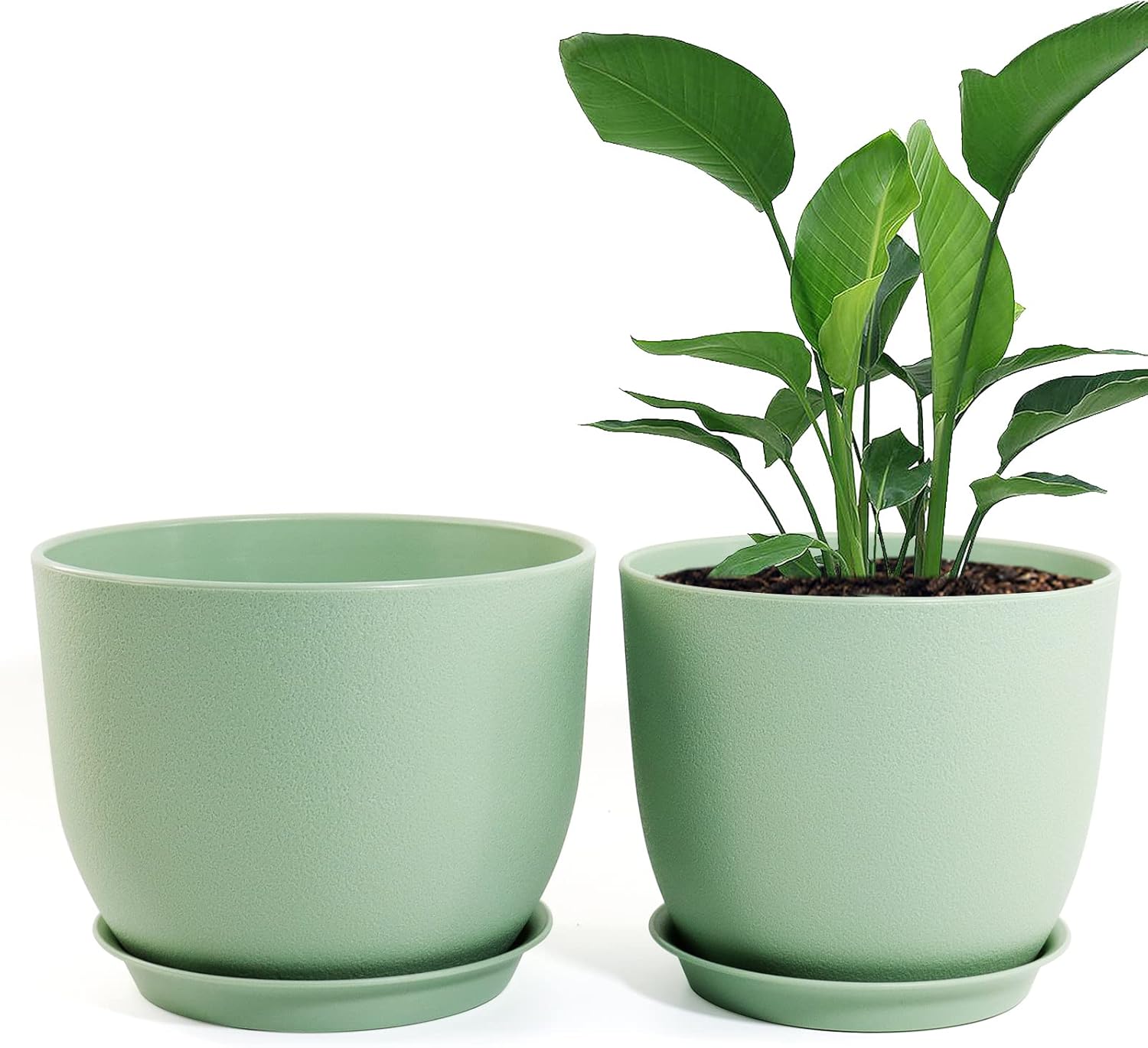 9 and 8 Inch Plant Pots, 2 Pack Large Plastic Planters with Saucer