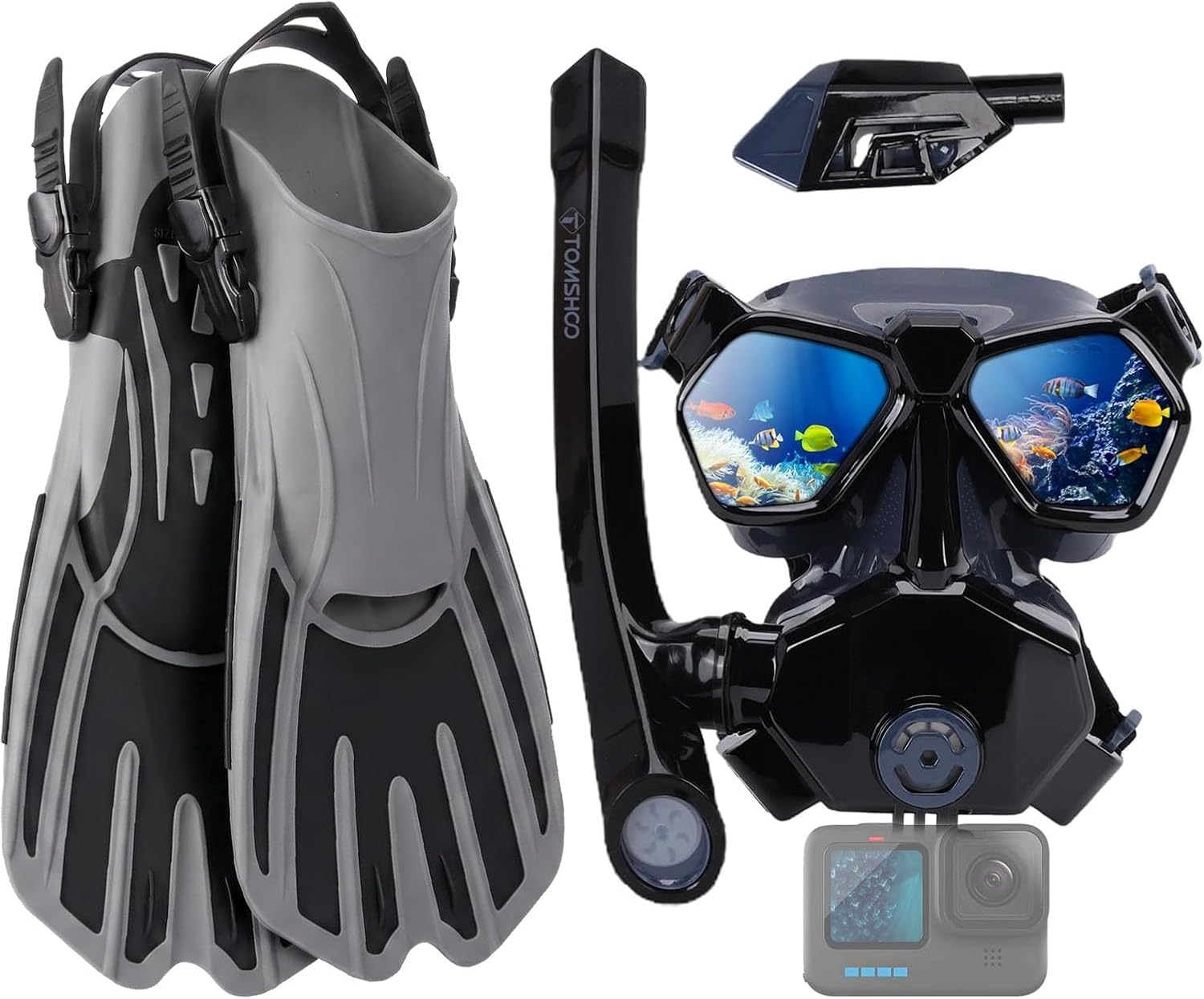 TOMSHOO Schnorchelset Erwachsene mit Verstellbare Taucherflossen, Schnorchelmaske mit Druckausgleich und Kamera-Halterung,180° Panoramablick Tauchmaske, Anti-Fog Anti-Leck aus Gehärtetem Glas