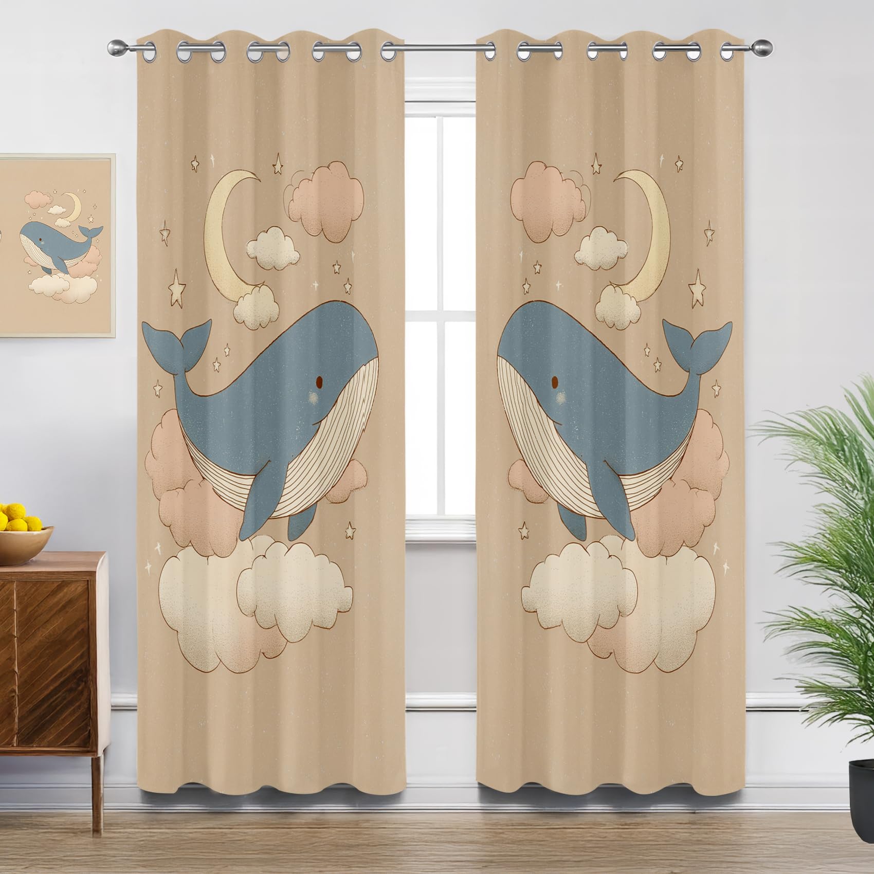Mistela Whale Curtains for Bedroom, Ocean Animal Kids Nautical Blackout Thermal Insulated Eyelet Curtains for Living Room, W66 X D72, 2 Panels Drapes Room Decor