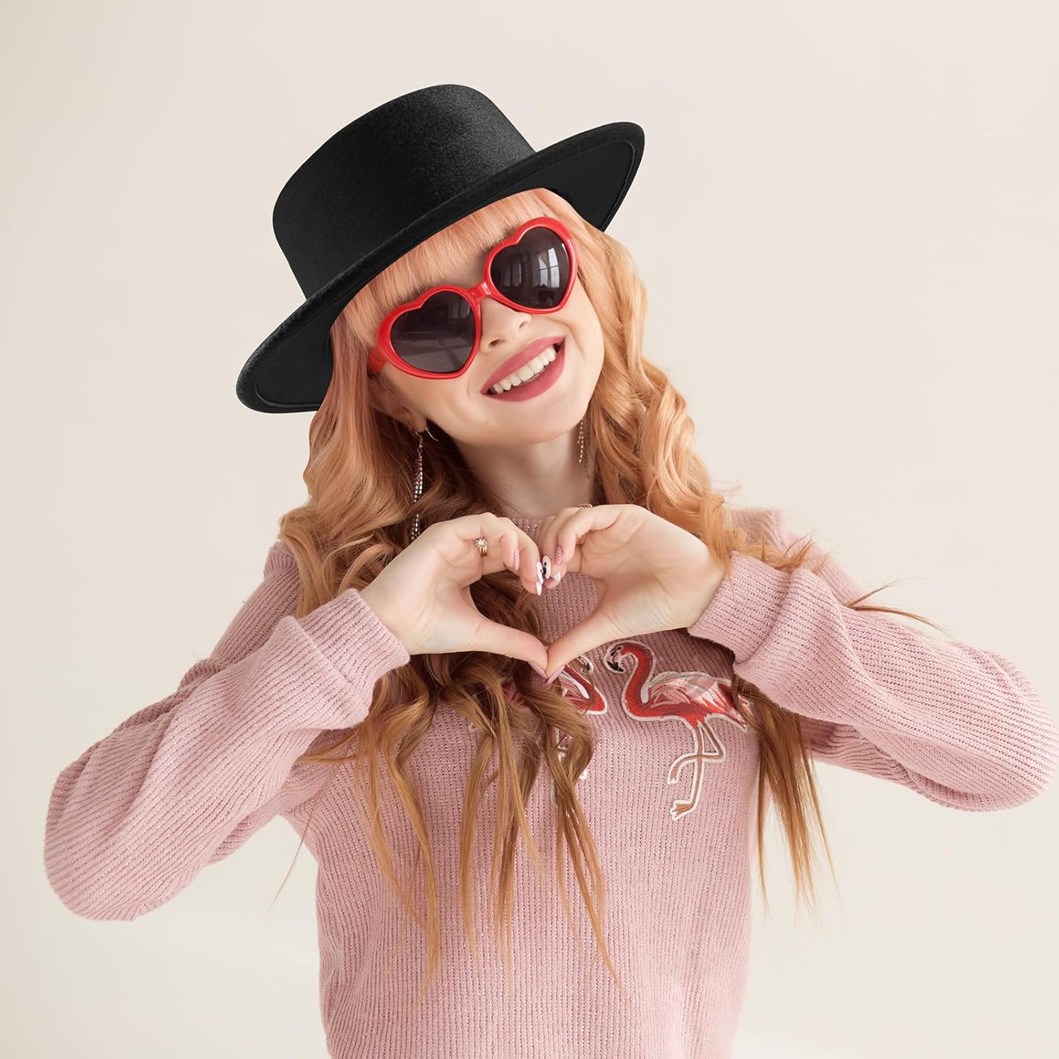 Fashion Classic Black Fedora Hats + Red Heart Sunglasses Costume Outfit - Flat Wide Brim Church Cap Jazz Hat - Image 5