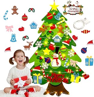 DIY Felt Christmas Tree Set - 32 PCS Ornaments 3.2 FT Tall Wall Hanging with 20 LED String Lights for Toddlers Kids Xmas Gifts Home Door Wall Decoration (Merry Christmas)