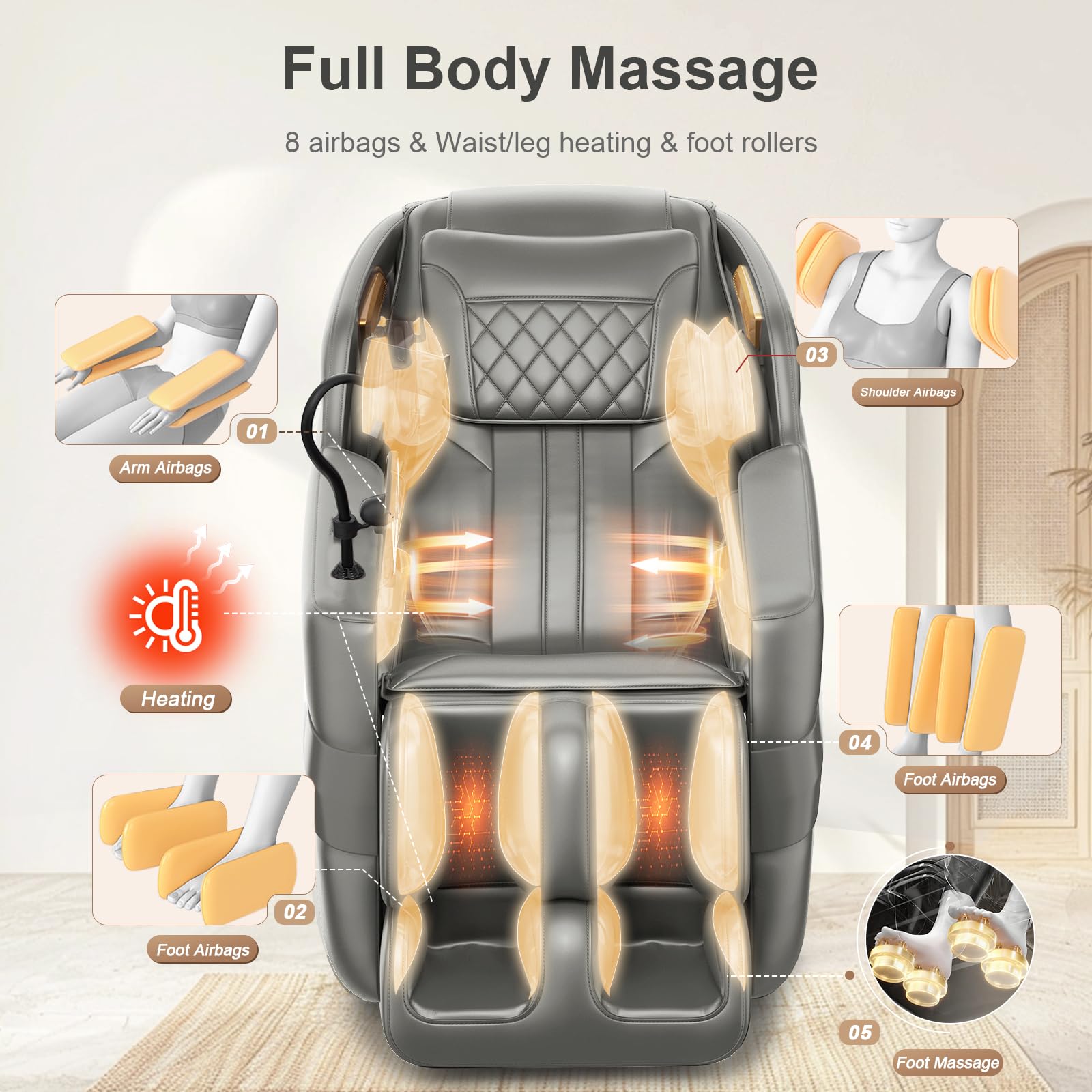 Gegcucey 3D SL-Track-Massagesessel, Ganzkörper-Massagesessel mit 8 Luftkammern, Heizfunktion für Beine und Taille, Fußrollenmassage, KI-Sprachsteuerung und Bluetooth-Lautsprecher, Zero-Gravity-Modus - 4
