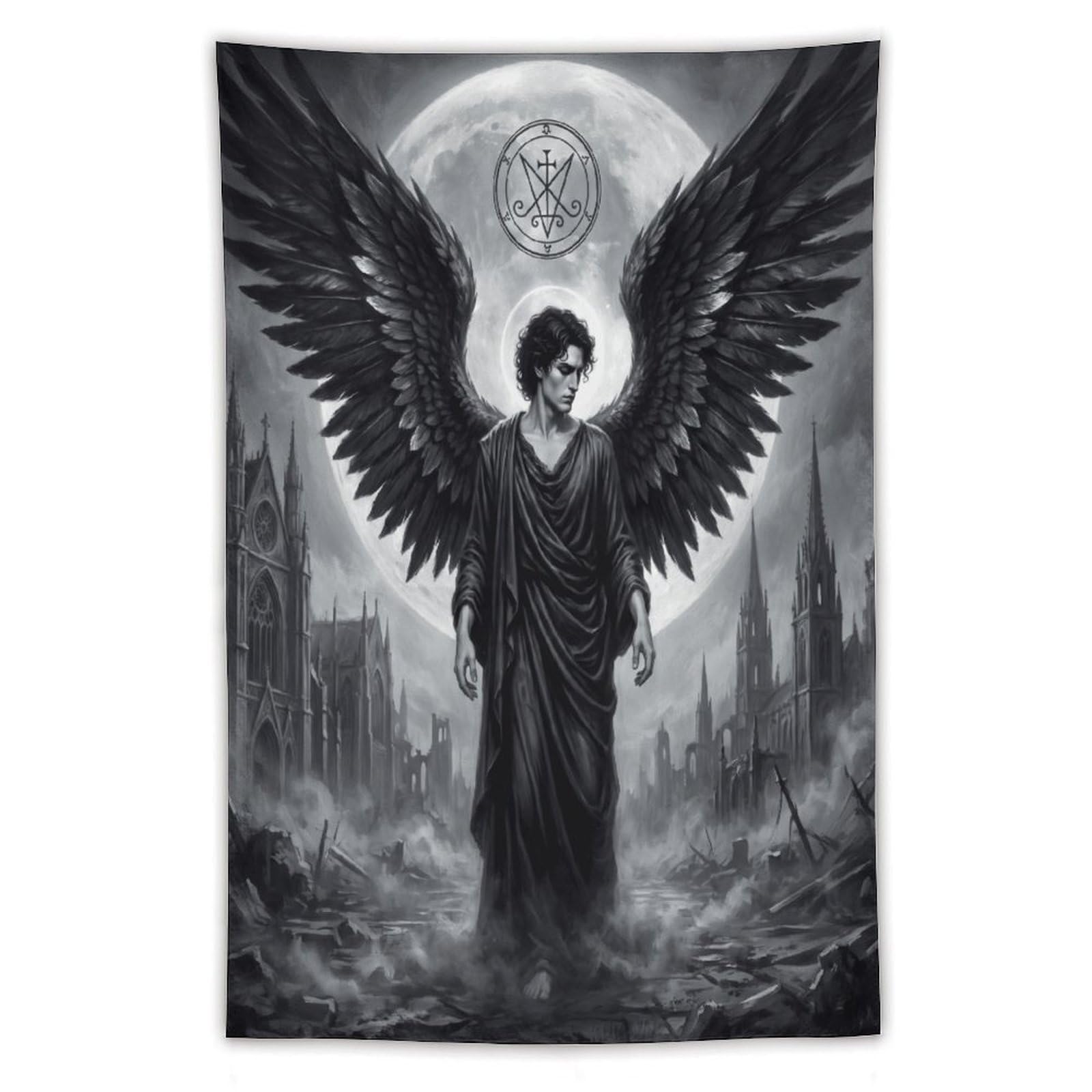 W7C8U2X3 Dark Angel Lucifer Monochrome Wall Tapestry, Living Room