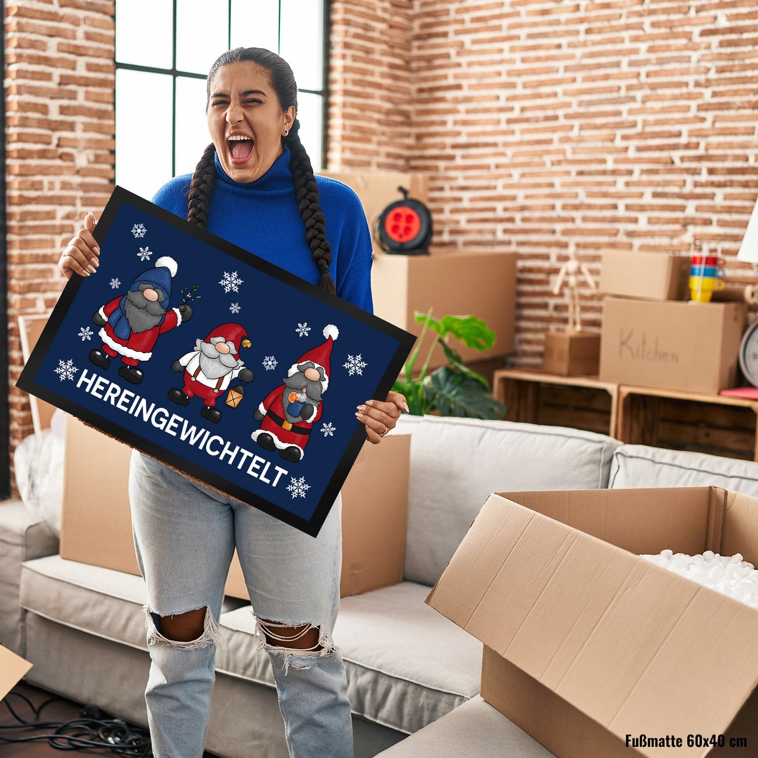 speecheese Hereingewichtelt Weihnachtswichtel Fußmatte XXL in 50x75 cm in blau als schöne Begrüßung für den Türeingang zu Weihnachten und der Winterzeit