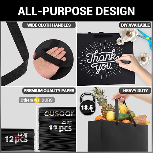 Miniatura 3 de EUSOAR Bolsas de regalo negras, paquete de 12 bolsas de papel extra grandes de 16 x 6 x 12 pulgadas con asas, bolsas de papel kraft resistentes a