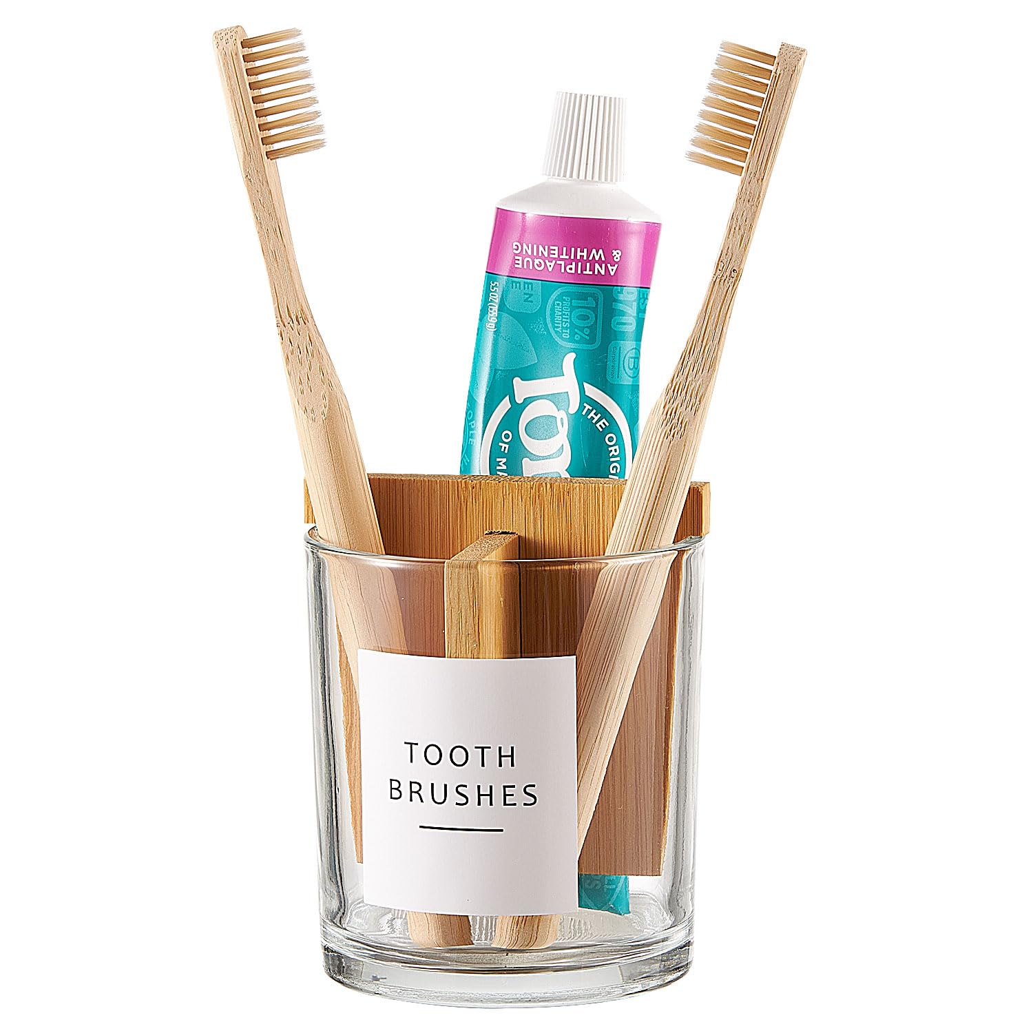 Glass Toothbrush and Toothpaste Holder with Bamboo Divider for Bathroom Countertop, Toothbrush Organizer Stand for Bathroom Vanity Countertops - 1 Pack