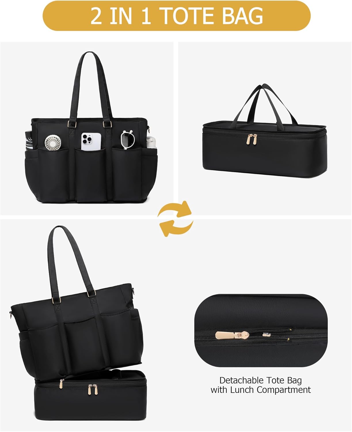 BAVERGE Lunch Tote Bag with Detachable Cooler, Waterproof Women Laptop Bag for Teacher Nurse Work Daily Travel Picnic Use